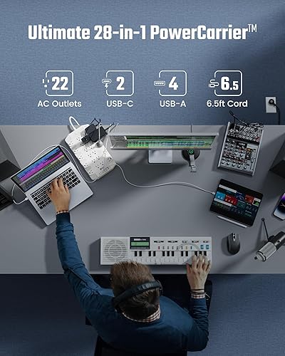 Miniatura 2 de SUPERDANNY - Protector de sobretensiones con 22 tomacorrientes, 2 USB-C y 4 USB-A, 2100J, cable de extensión resistente de enchufe plano de 6.5 pies