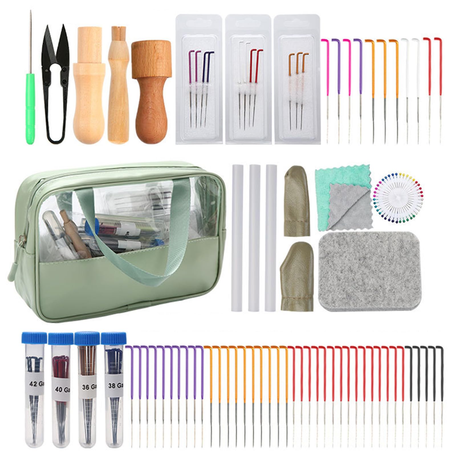 JDNH Suministros de fieltro de aguja para manualidades con almohadilla de aguja, cunas de dedos, mango de madera, herramienta de lana para principiantes, juego de fieltro