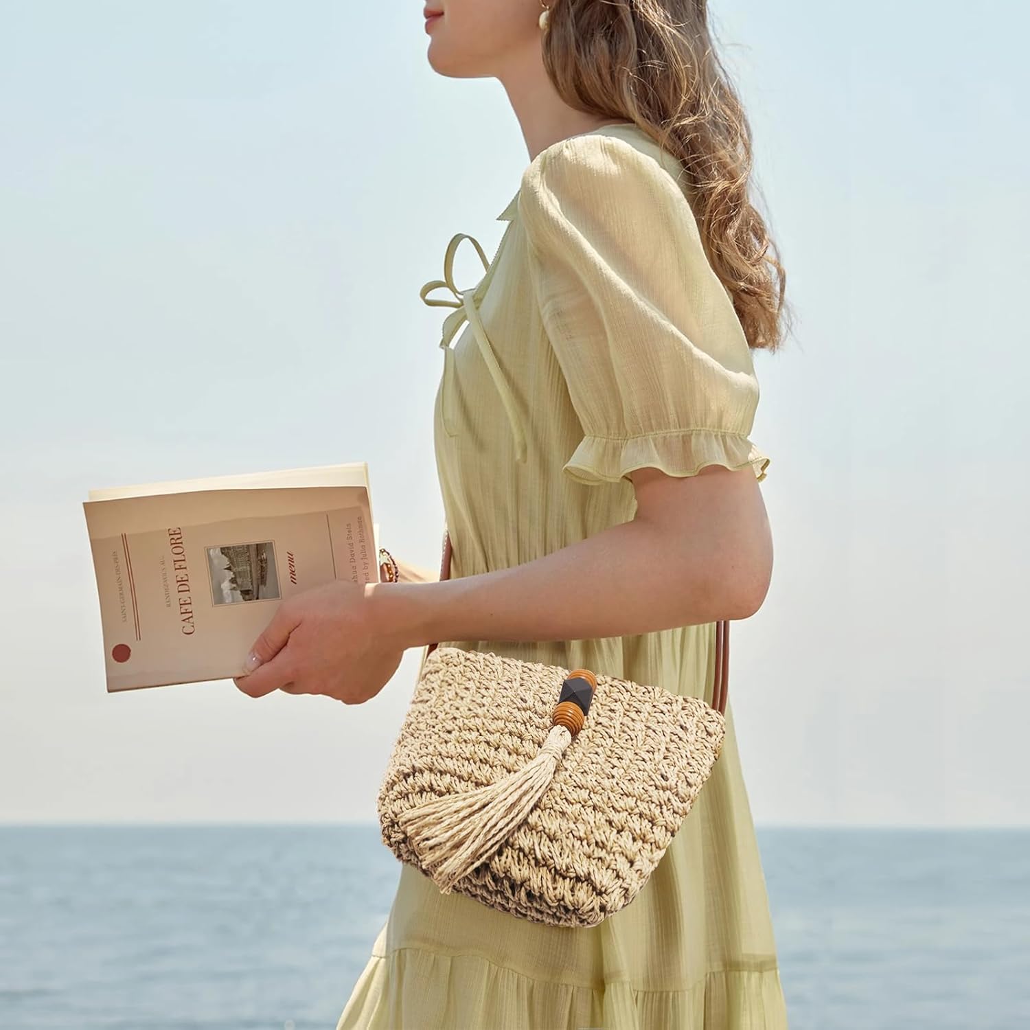 Handwoven Straw Bag for Women Vacation, Boho Beach Purse for Summer Wicker Crossbody Purse with Tassels - Image 3