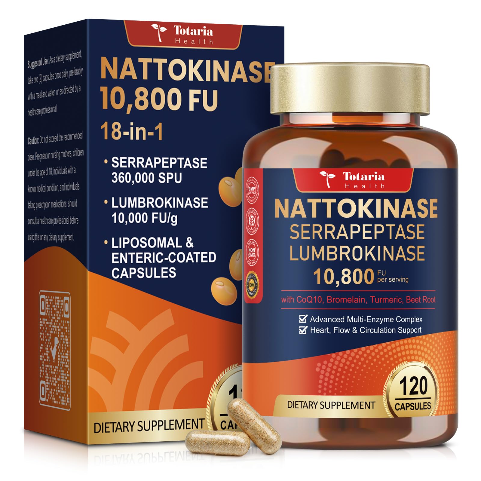 Totaria 18-in-1 Liposomal Nattokinase Supplement 10,800 FU, Non-GMO, 120 Capsules, Natural Natto Extract with Multi-enzymes Serrapeptase & Lumbrokinase, CoQ10, Beet Root, Flow + Circulation Support