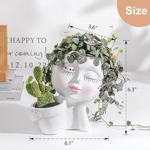 Miniatura 2 de Macetas de cara para plantas de interior, macetas dobles lindas para flores y suculentas con agujeros de drenaje, ideas de regalo ideales (dama