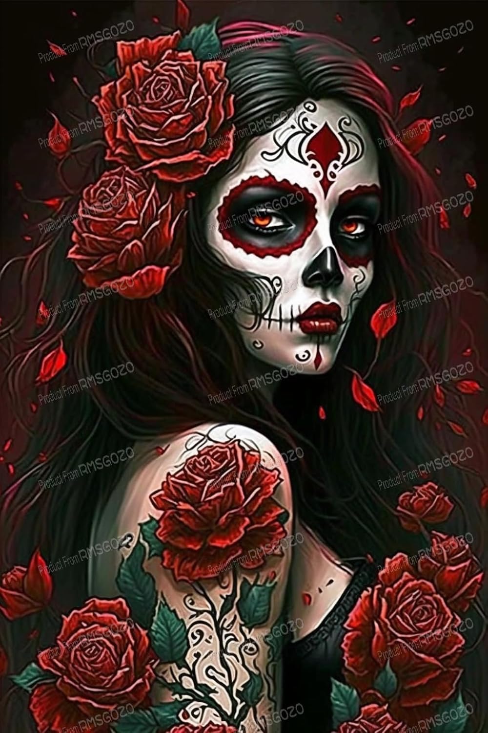 RMSGOZO Red Rose Skeleton Girl Diamond Painting - Dark Beauty Diamond Art Kits for Adults, Full Round Gemstone Crystal Cross Stitch Kit, for Wall Decor & Room Decor (20 X 24 Inch)