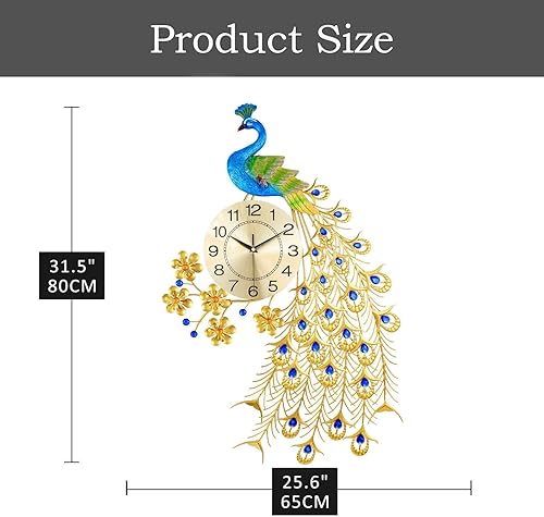 Miniatura 5 de Reloj de pared grande de estilo lujoso, estilo pavo real, de 23.7 pulgadas, sin tictac, silencioso, de cristal acrílico, decoración moderna y