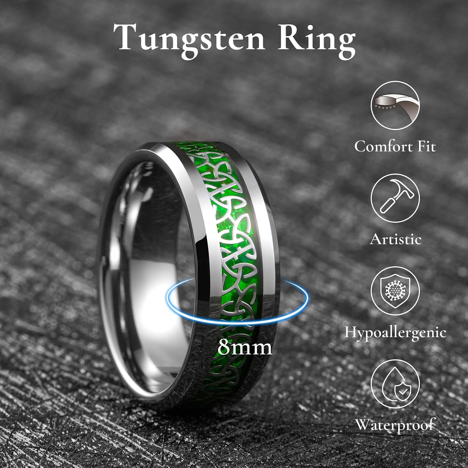 King Will Men's Celtic Claddagh Tungsten Rings, Opal/Carbon Fiber Inlay Wedding Band for Men Engagement Ring Comfort Fit