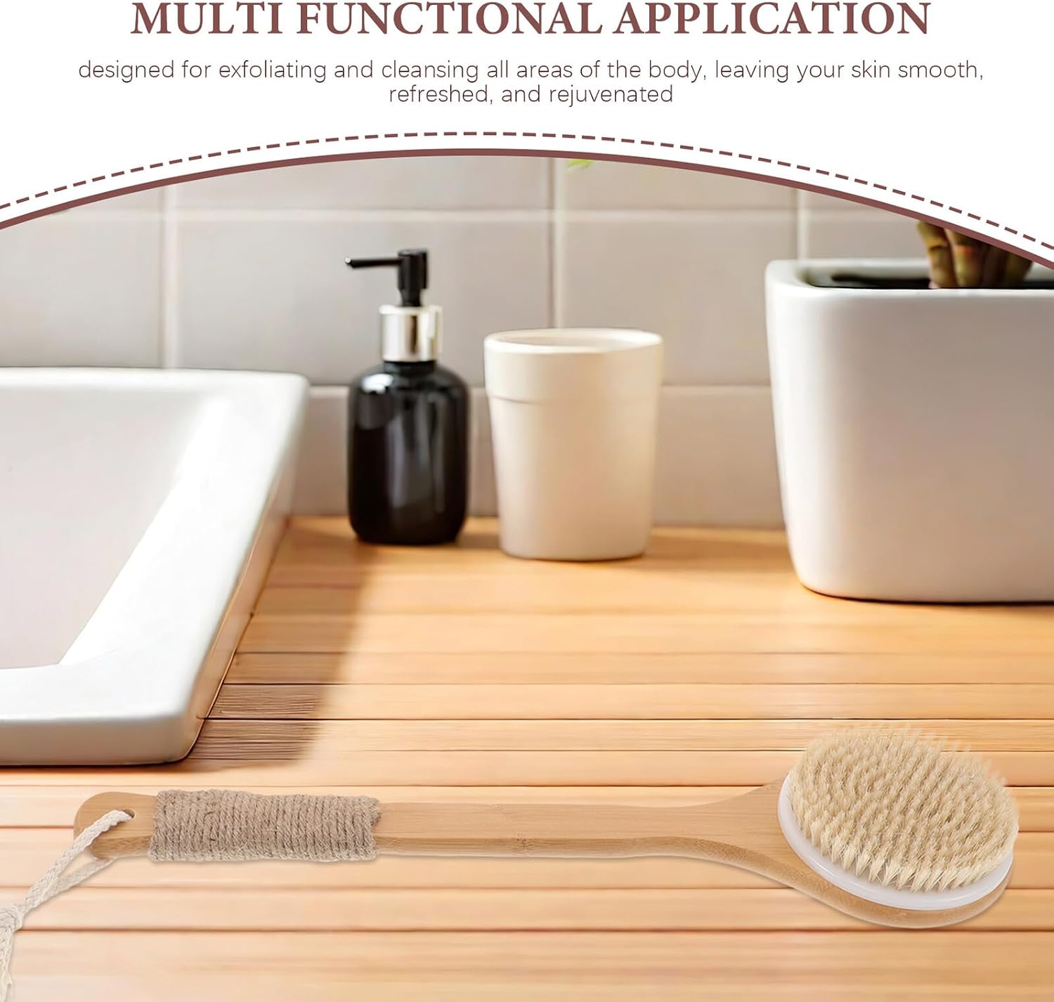Shower Back Scrubber with White Pig Bristles, Long Handle Exfoliating Body Brush for Wet and Dry Use, Natural Bath Brush for Women and Men, Full Body Skin Care