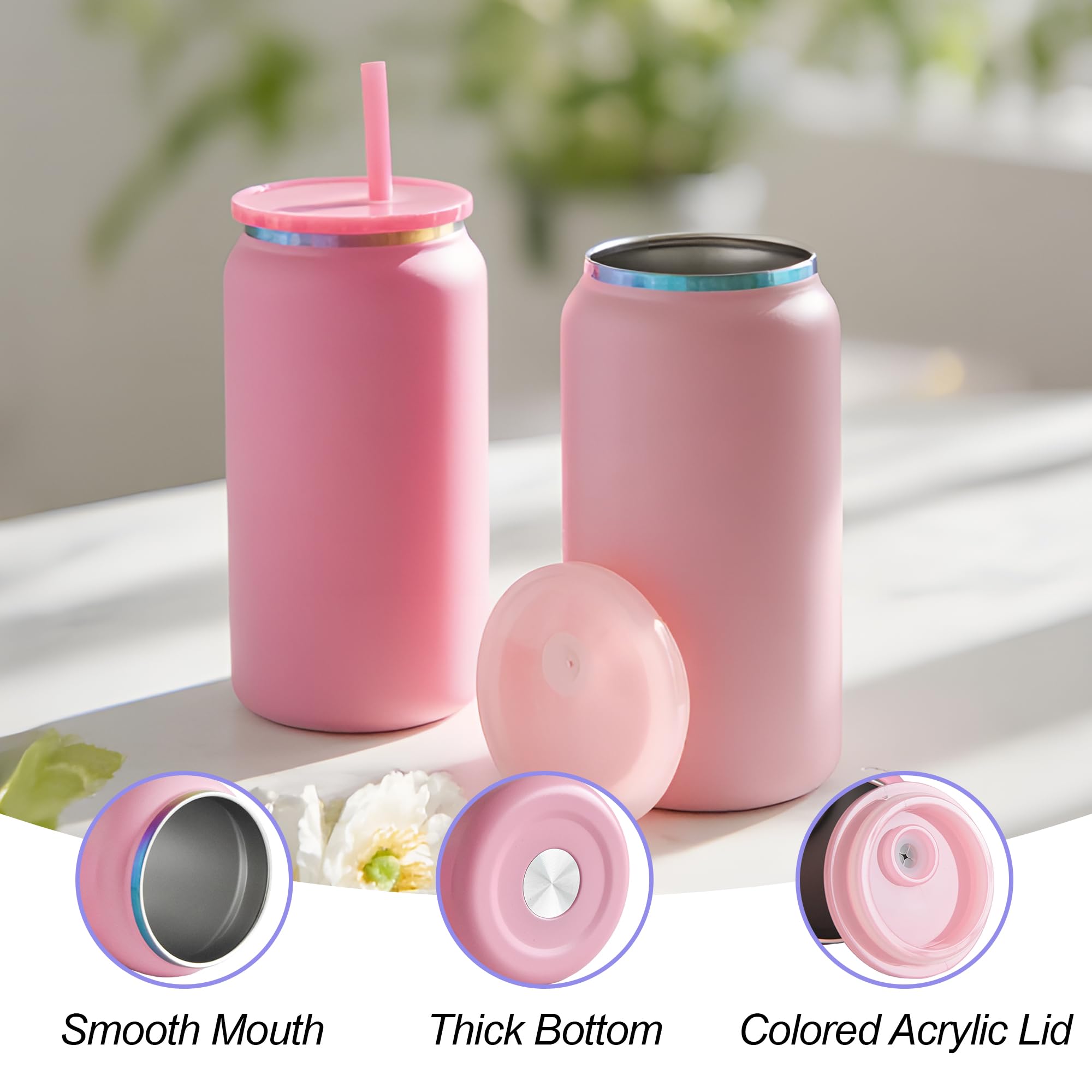 6er-Pack Glasbecher mit Deckel und Strohhalm, unzerbrechlicher 16-oz-Dosenbecher aus Edelstahl, doppelwandig, isoliert, Bierdosenbecher für Eiskaffee, Saft, Limonade, matt gefärbt