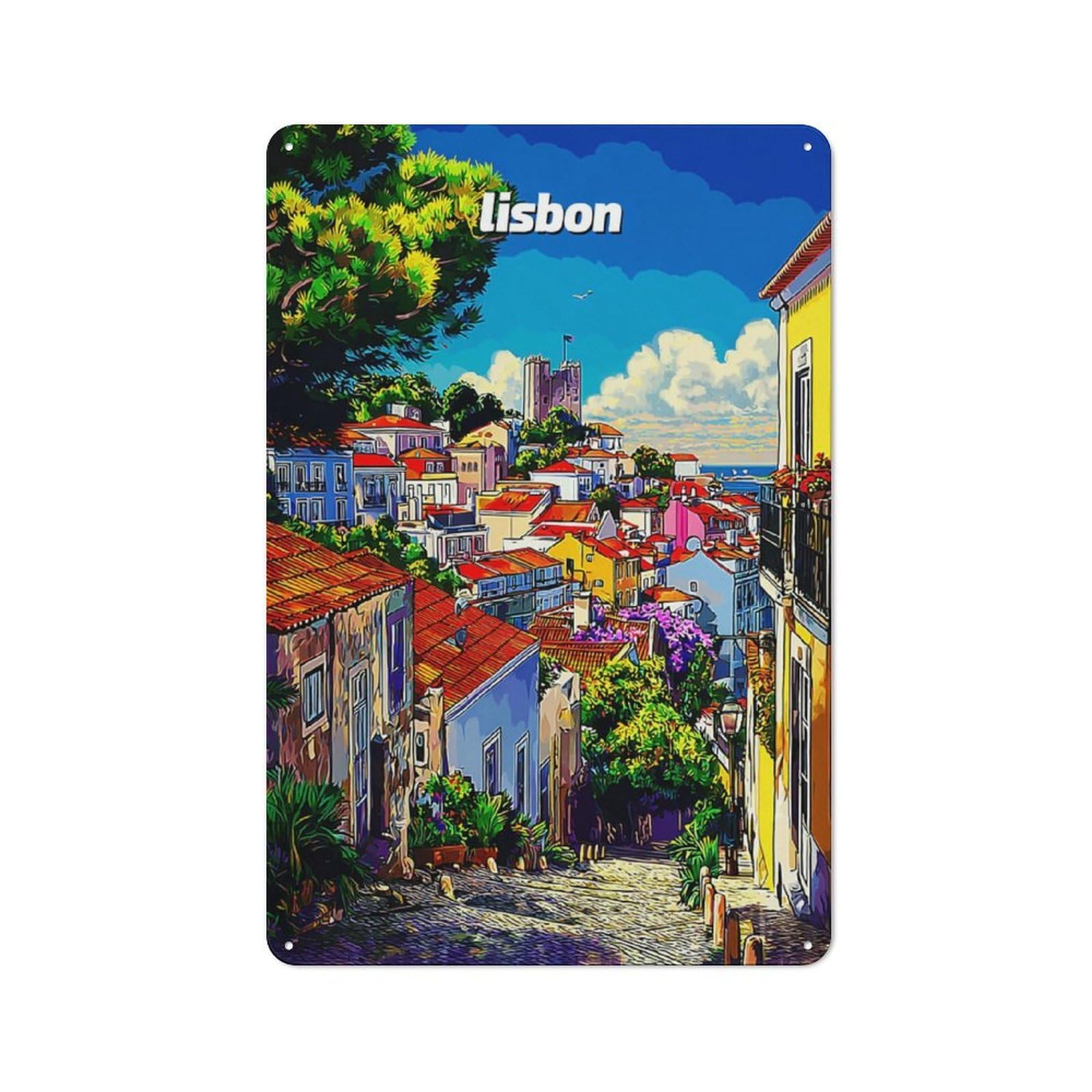 Junmoney Colorful Lisbon Streetscape -2 Vintage Bistro Metal Sign 30X20cm, Bistro Wall Plaque For Takeaway, Bar, Kitchen Or Counter Area