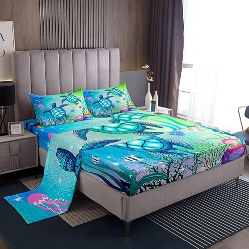 Erosebridal Juego de sábanas de tortuga marina verde y azul oceánico, sábana bajera ajustable colorida del mundo submarino para niños y niños,