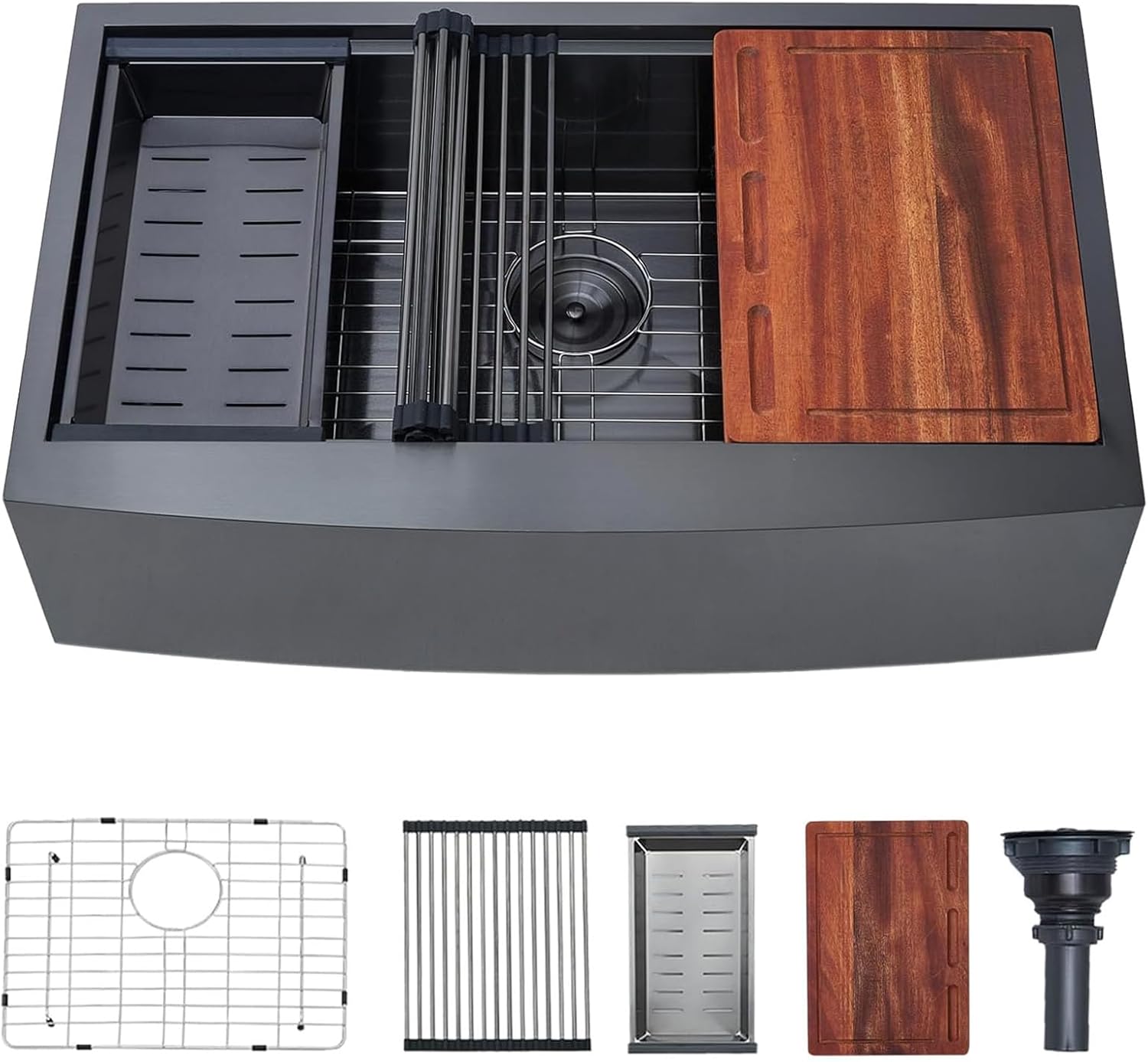 VAPSINT 33 Inch Black Farmhouse Kitchen Sink with Workstation