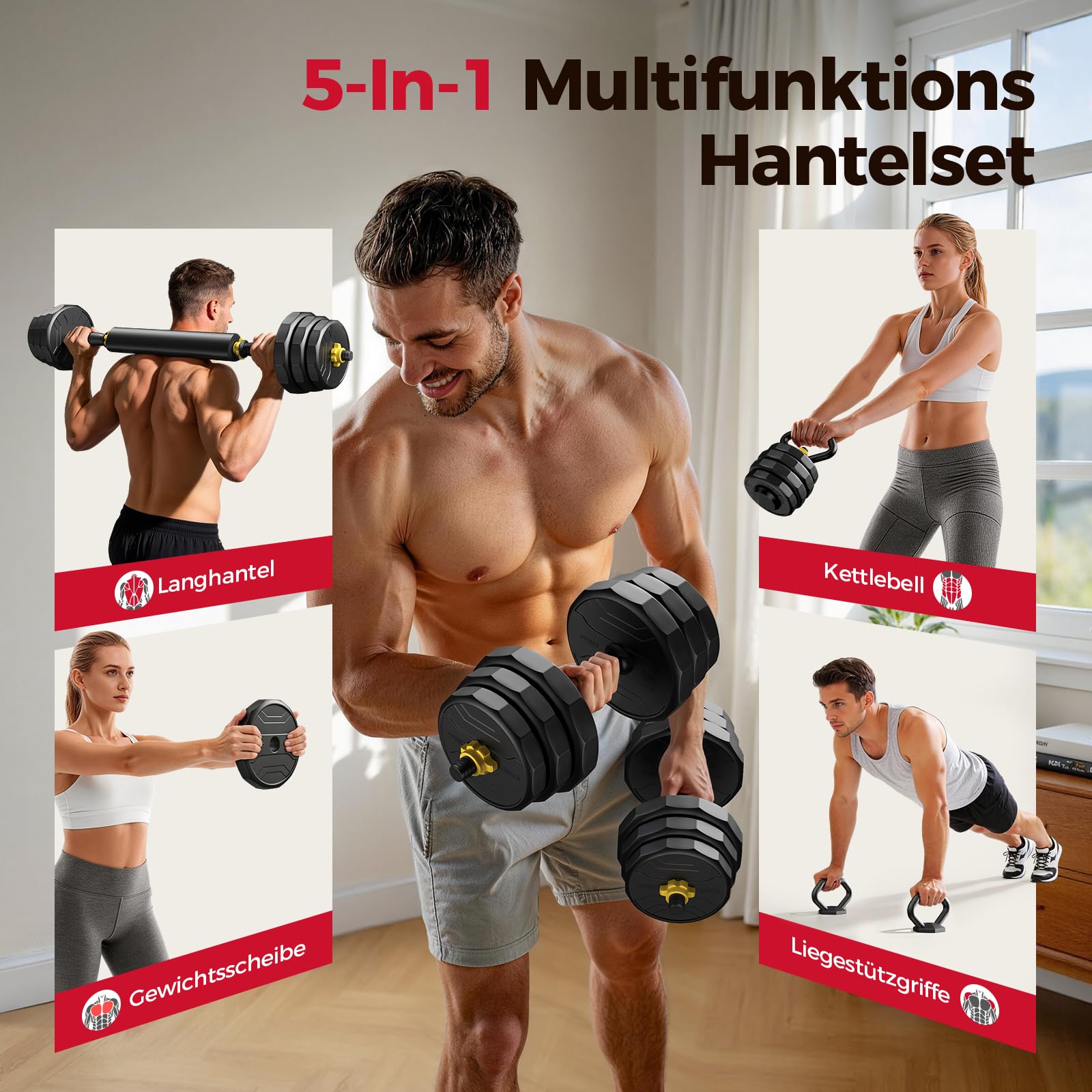 FEIERDUN 20/25/30/40KG Hanteln Verstellbar 2er Set, 12-Seitiger Rollschutz, 5-in-1 Dumbbell Set, Langhantel, Kettlebell, Liegestützständer für Ganzkörpertraining, Krafttraining für Männer und Frauen