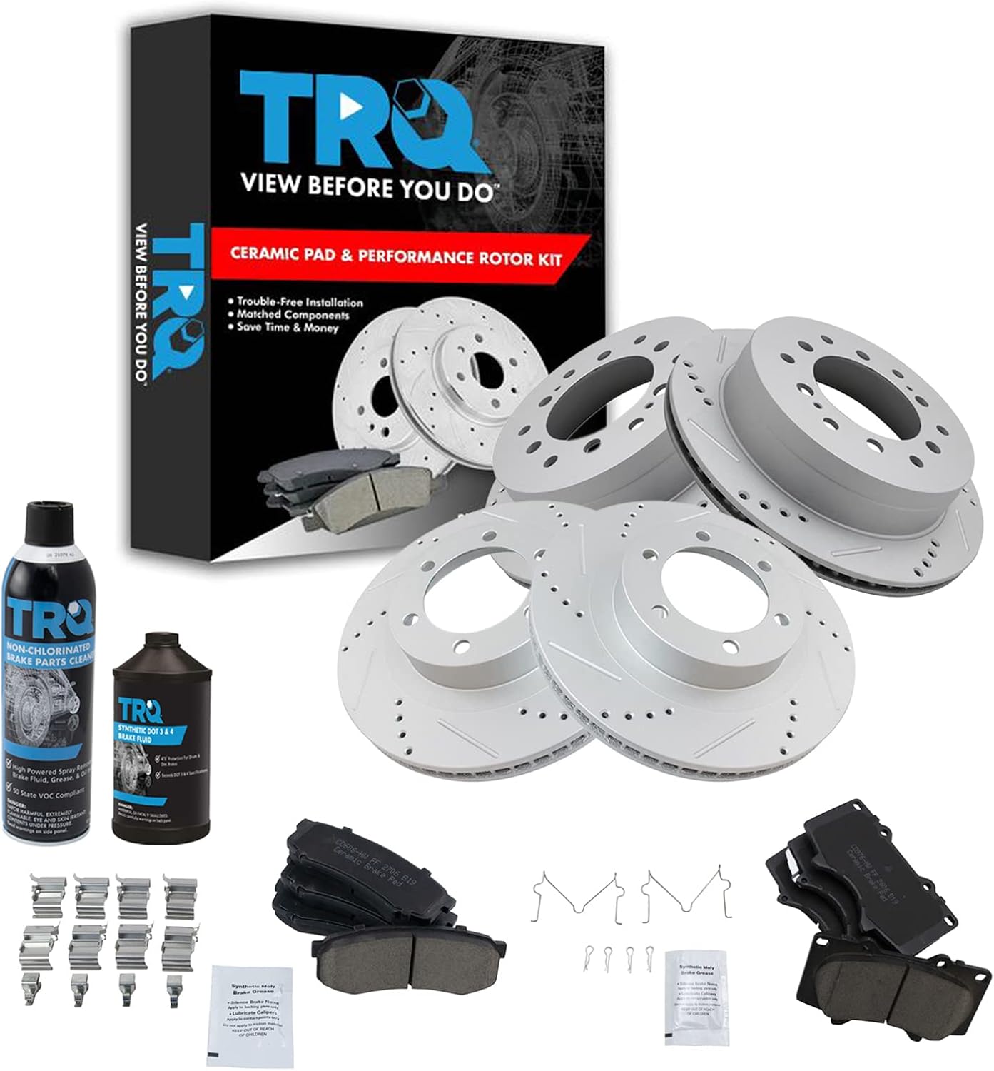 TRQ Front and Rear Performance Brake Pad & Rotor Kit Brake Chemical Kit Brake Pads Brake Rotors Set Ceramic Premium G-Coated Compatible with 2003-2009 Lexus GX470 Toyota 4Runner
