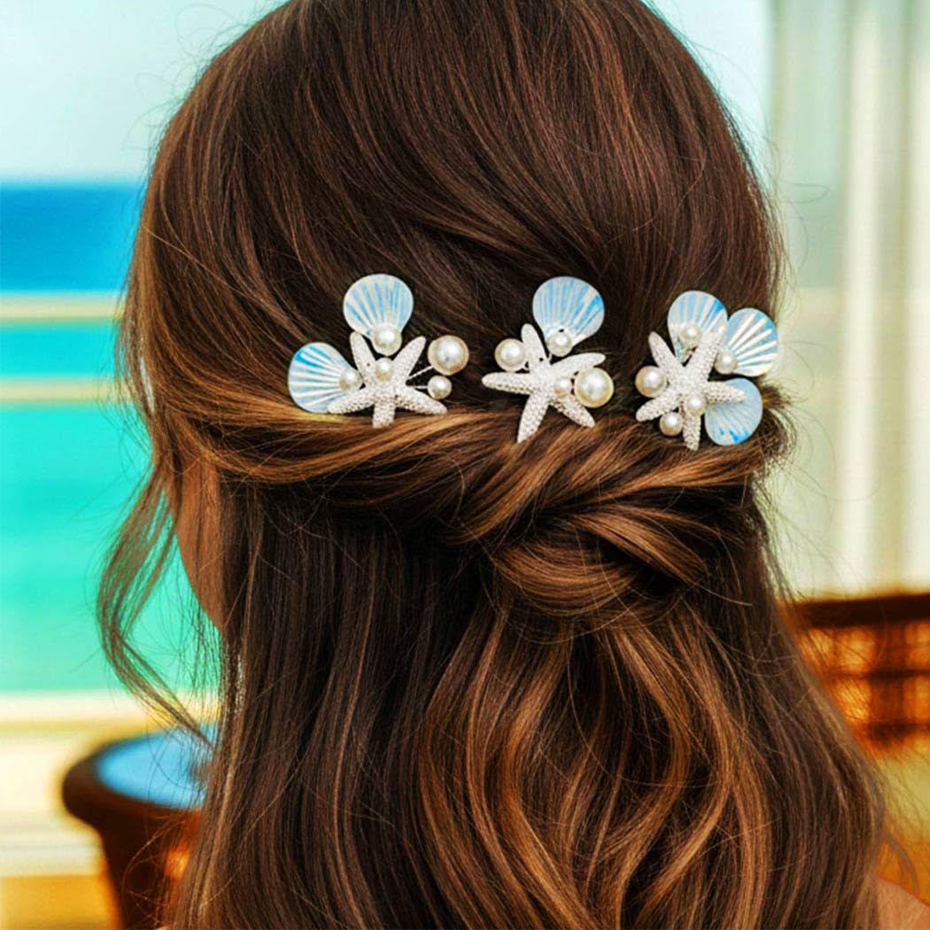 HEREAD Starfish Mermaid Hair Pins Silver Seashell Hair Accessories Beach Pearl Hair Pieces for Women and Girls (Pack of 3) (Silver) - Image 7