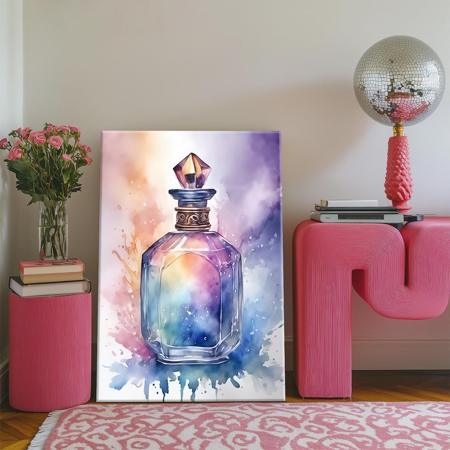 Framed Teen Girls Bedroom Wall Art Set of 3, Colorful Fashion Makeup Brush Perfume Pictures Wall Decor Paintings, Watercolor Drink Prints Aesthetic Home Decor for Living Room Bathroom Dorm 12x16 inch