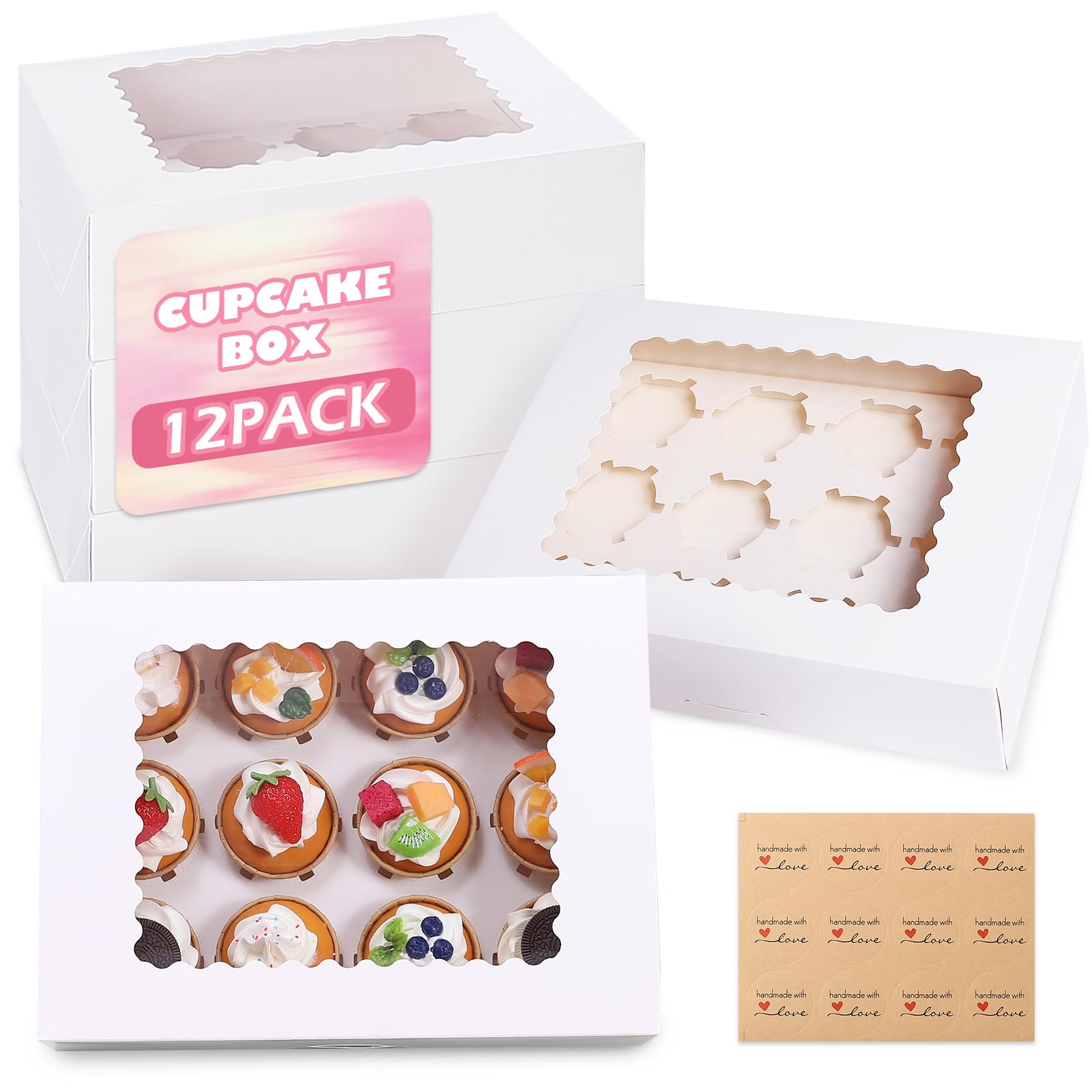 pupuluck 12 Pcs Cupcake Boxes 12 Hole Cupcake Box with Window Muffin Boxes(32.5x25x9cm) Thick Paper No Folding Required Cup Cake Box for Donuts Chocolate Cake Dessert