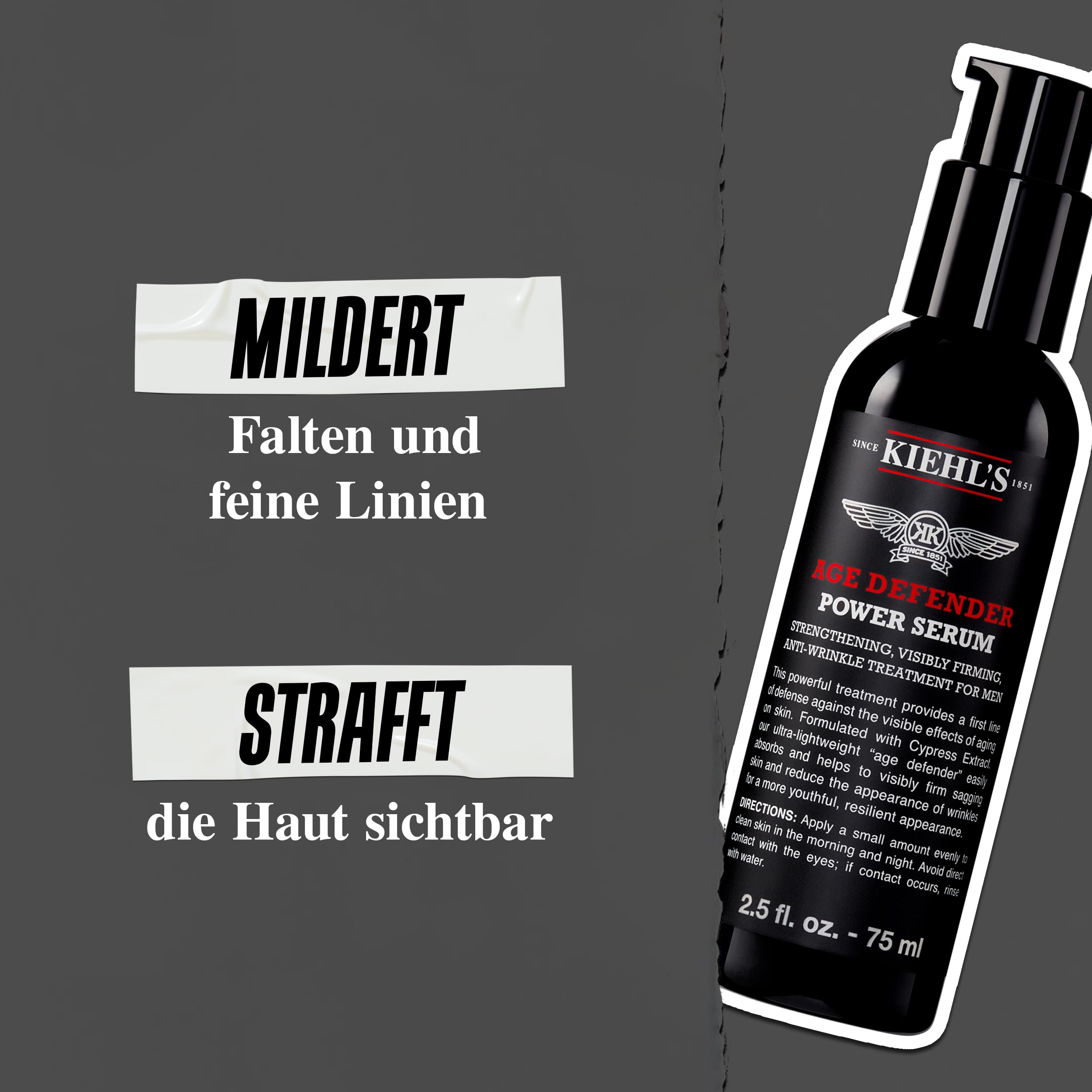 KIEHL'S Age Defender Power Serum, 75 ml, kräftigendes Anti-Aging-Serum für reife Männer-Haut, festigendes und Falten milderndes Pflegekonzentrat mit Zypressen-Extrakt, für alle Hauttypen geeignet | Herren Gesichtsserum für feine Linien - Mit Zypressen-Ext