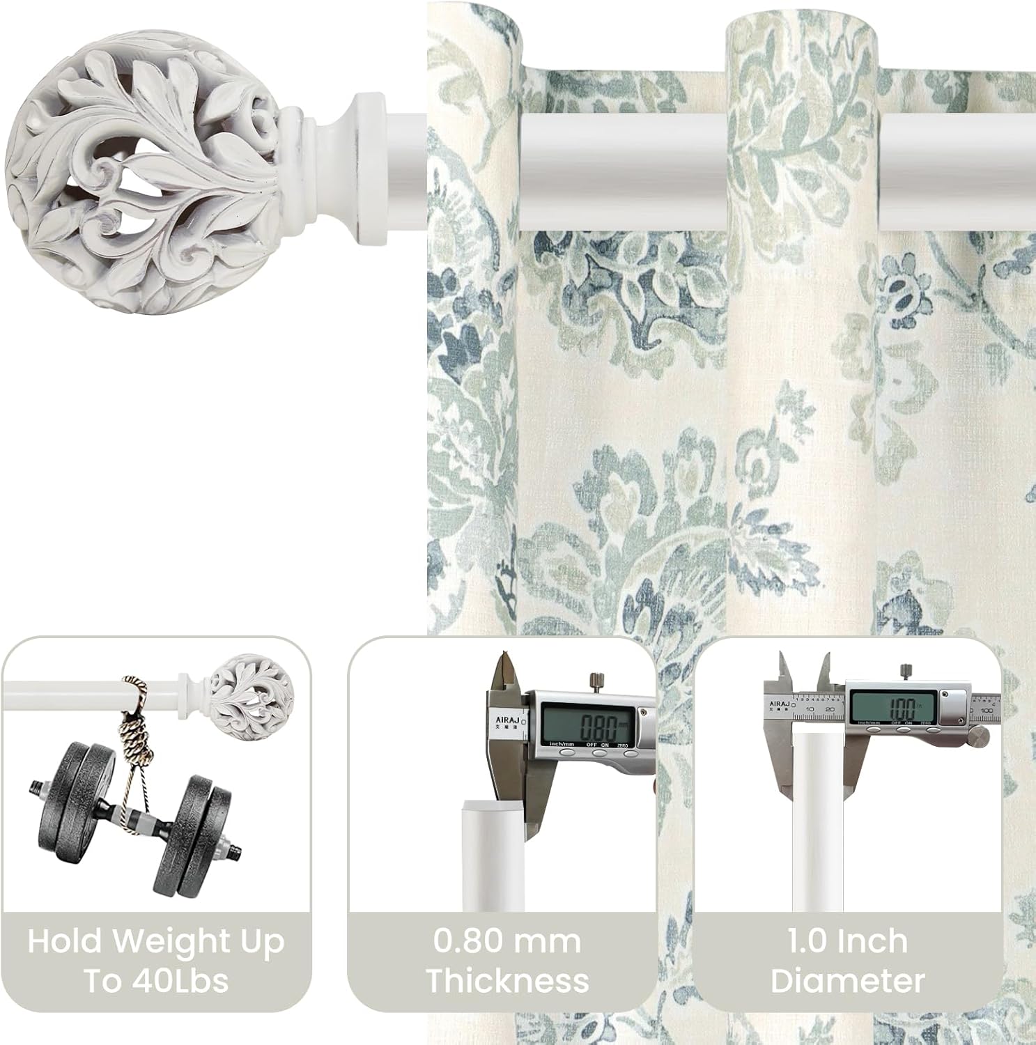 Heavy Duty Curtain Rod 18 to 64 inches (1.5-5.55 ft)，1-Inch Diameter Adjustable Drapery Rod with Decorative Openwork Carved Leaf Finials, Weathered White Curtain Rods for Living Room & Bedroom