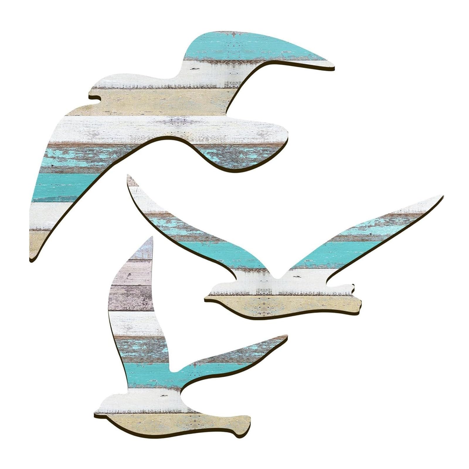 Déco Murale Bois Mouettes - Lot De 3 Oiseaux De Mer, Thème Nautique, Autocollants Muraux Avec Colle - 8