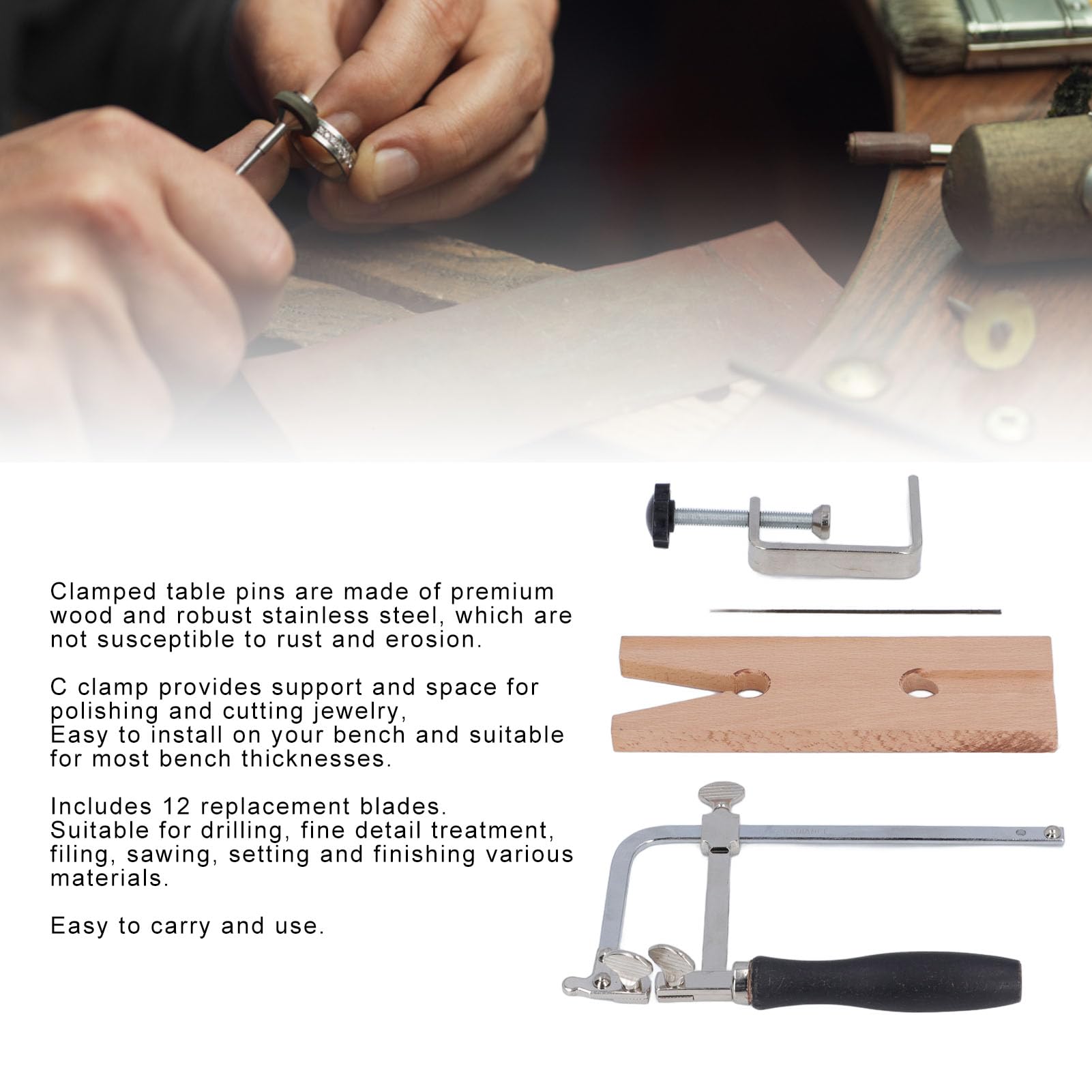 Kit de Sierra para Joyería 3 en 1 con Abrazadera VC, Abrazadera en C y 12 Cuchillas de Repuesto para Corte de Joyería, Elaboración de Metal, Madera y Cera