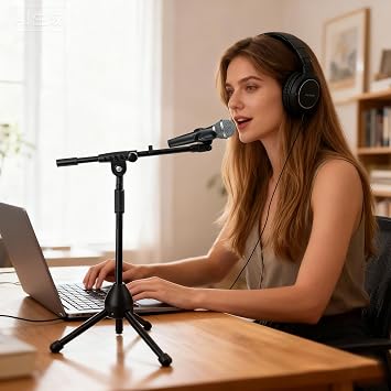 CROWNSHOP Microphone Stand 47-80cm with Telescopic Boom Adjustable | Portable Collapsible Studio Holder with Tripod Base Mic Clip Adapter for Musicians Parties and Stages
