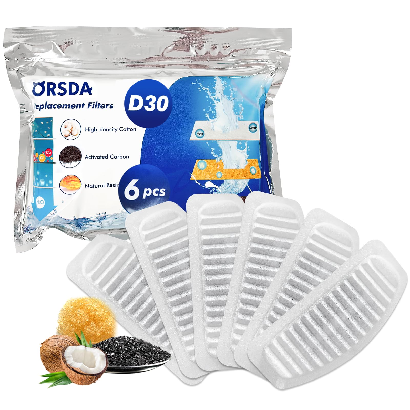 ORSDACat Water Fountain Filter, 6 Pack Replacement Filters for 67oz/2L Automatic Pet Fountain - 3 Triple Filtration System