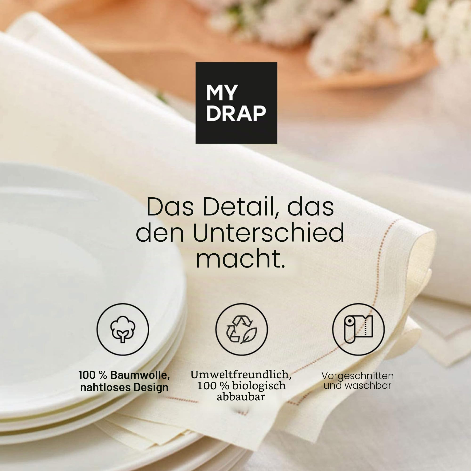 MY DRAP Rolle mit 100 Stoffservietten, 15 x 15 cm, Servietten für Veranstaltungen, Caterings, Restaurants, 100 % Baumwolle, wiederverwendbar, naturfarben, Rollenformat, vorgeschnittene Einheiten.