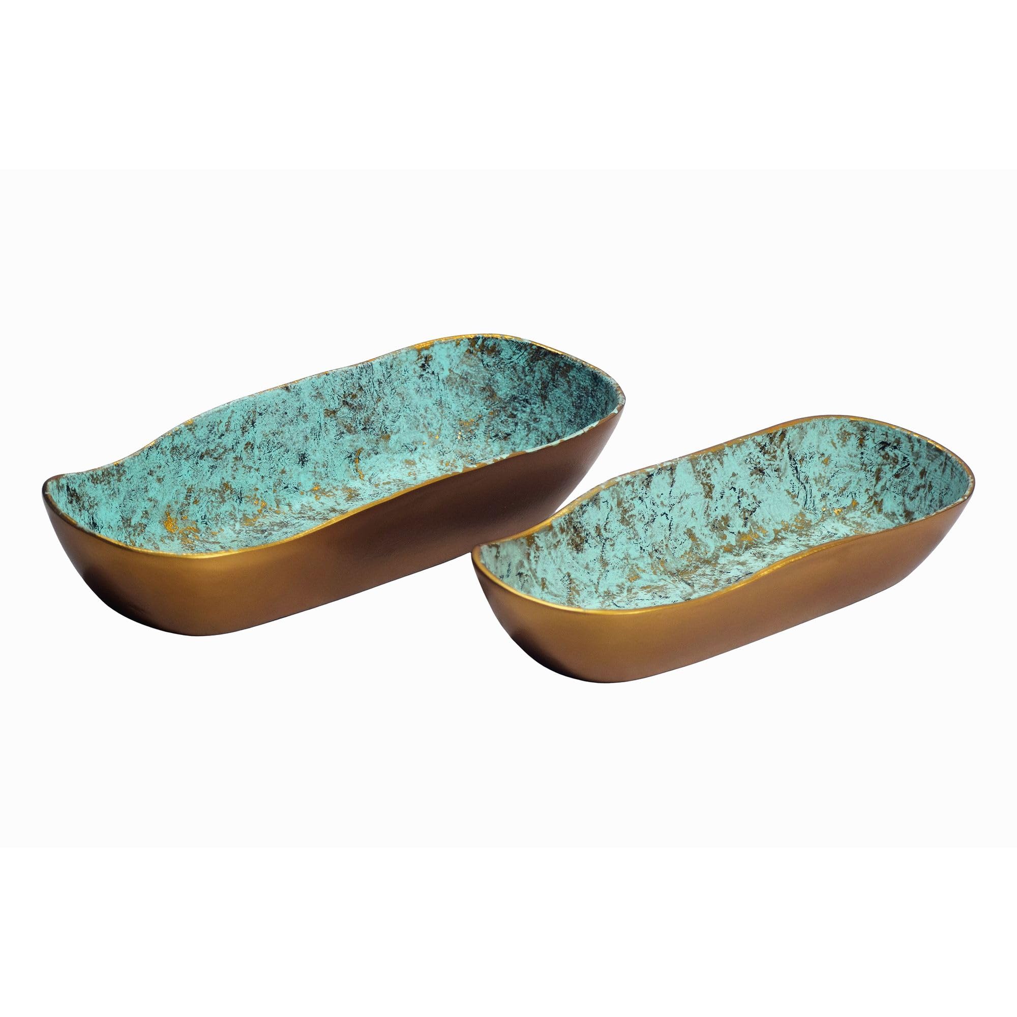 FineBuy Dekoschale 2er Set Aluminium Gold Patina, Oval | Schalen in Schiffchen-Form lebensmittelecht, Obstschale und Tischdeko, handgefertigte Unikate
