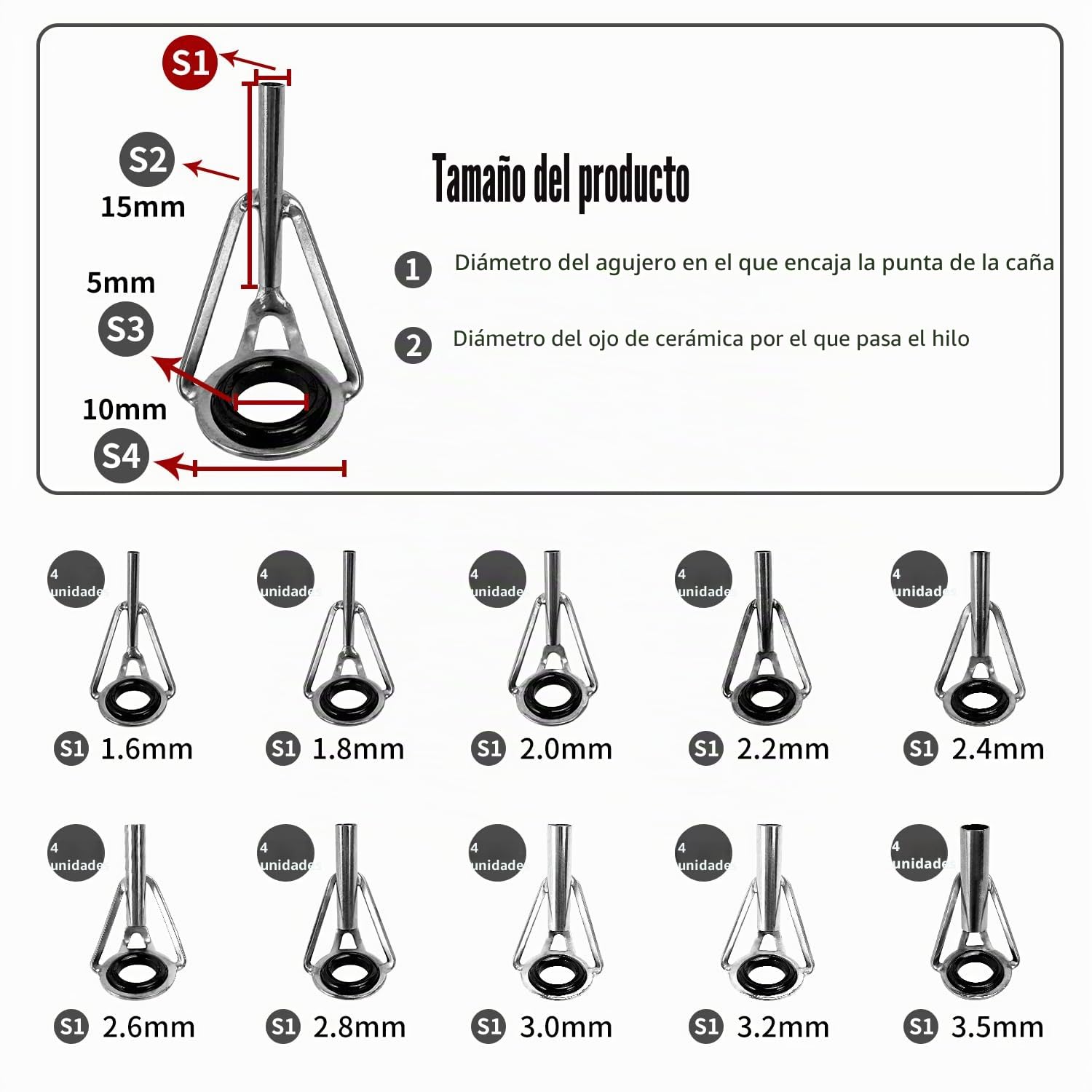 Kit de reparación de puntas de caña de pescar, 40 piezas, repuesto de punta de caña de acero inoxidable de 1.6-3.2 mm con caja de plástico, anillos guía de cerámica para caña de pescar para