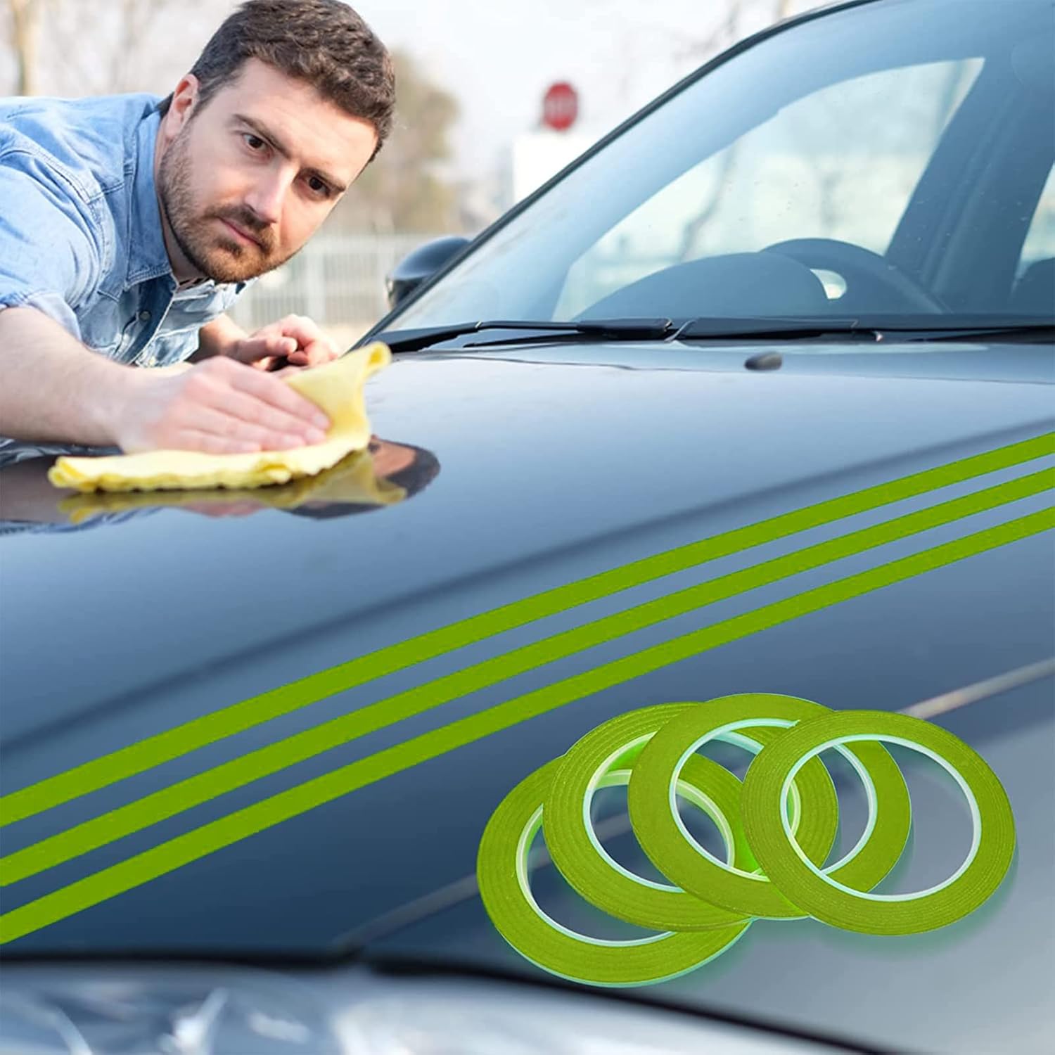 8 Rolls Fine Line Masking Tape, Fineline Automotive Paint Tape 1/16, 1/8, 1/4 and 1/2 Inch Wide x 43 Yard Thin Lines Masking Tape for DIY Car Auto Paint (Green)