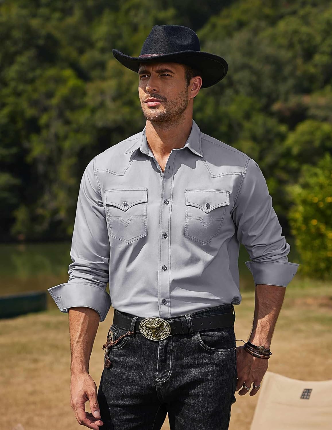 COOFANDY Men's Western Cowboy Shirts Long Sleeve Cotton Casual Button Down Work Shirt with Pockets - Image 2