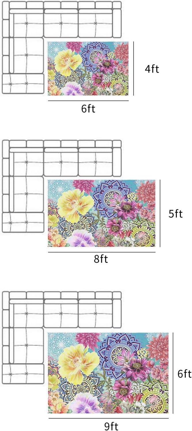 Outdoor Rug 4x6 ft Boho Floral Outdoor Large Area Rug Non Slip Rubber Bright Flowers Blossom Bohemian Mandala Front Door Mat RV Rug Camping Carpet Patio Outdoor Rugs for Backyard Balcony Deck Indoor