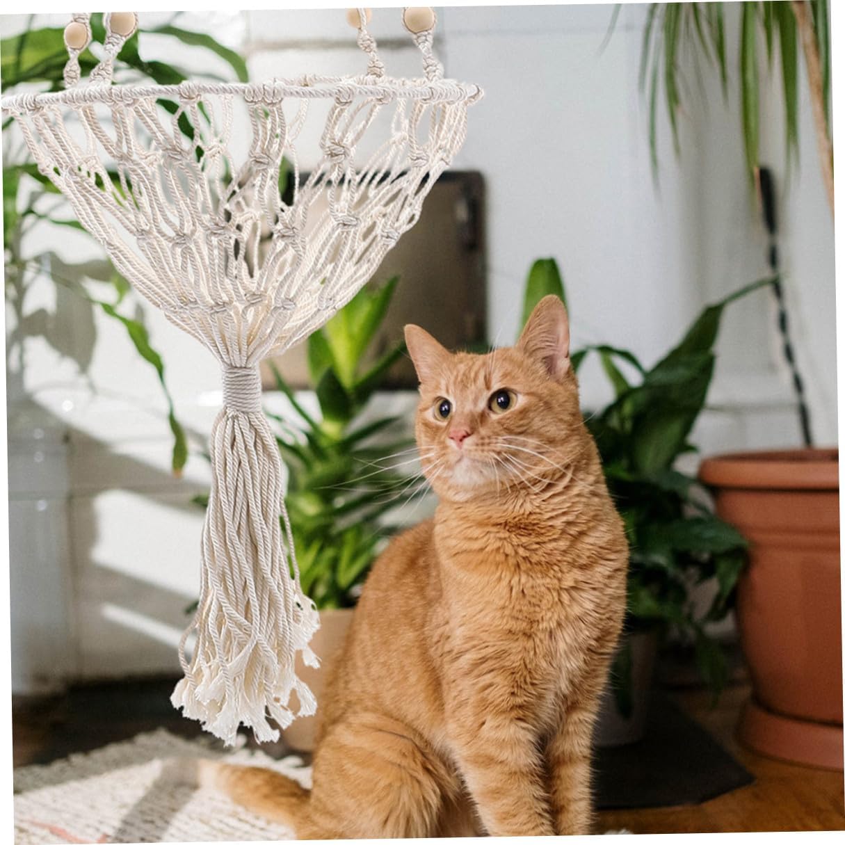 Kisangel Wear-Resistant Bohemian Woven Cat Hammock Bed 40cm Hanging Cat Nest for Indoor to 30lbs Household Pet Accessory with Sturdy Net Basket