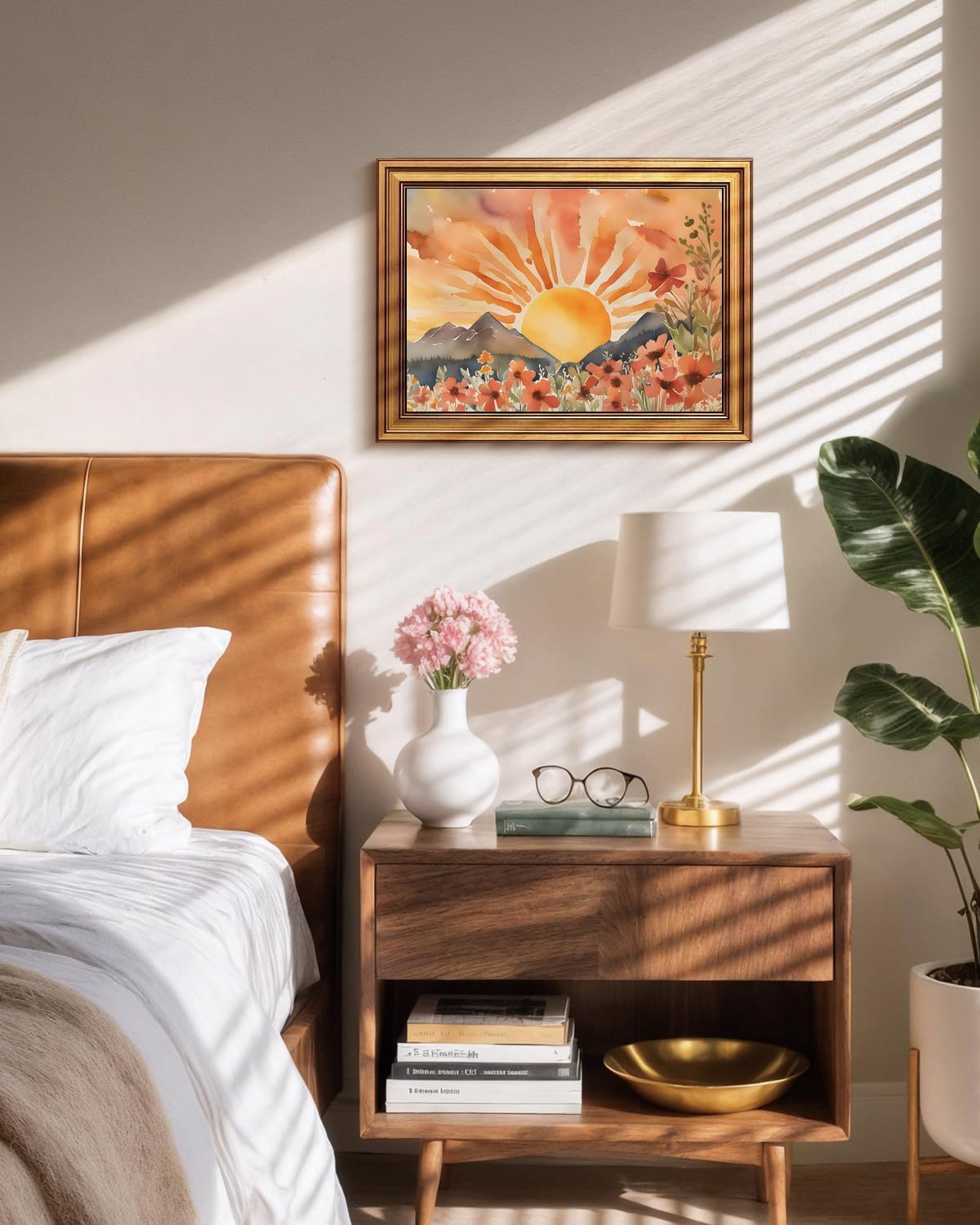 Gold Framed Wall Art Boho Canvas Art Prints Sun Pictures Wildflower Paintings Landscape Wall Decor Watercolor Artwork for Bedroom Home Office 12x16in