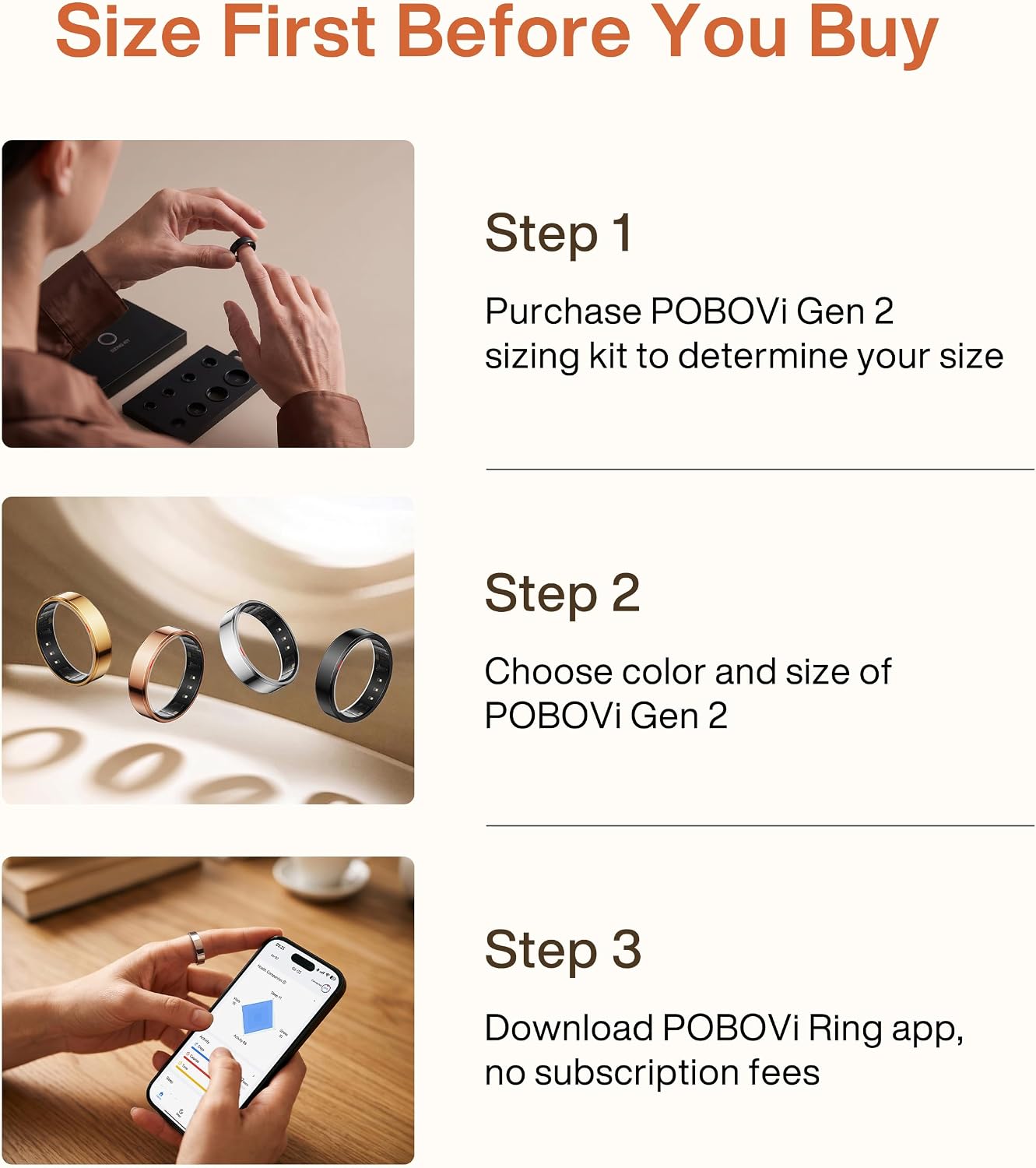 POBOVi Gen 2 Titanium Smart Ring for Women & Men, Sleep & Heart Rate Tracker, No Subscription, Size Before You Buy (Polished Gold, Size 11) image 2