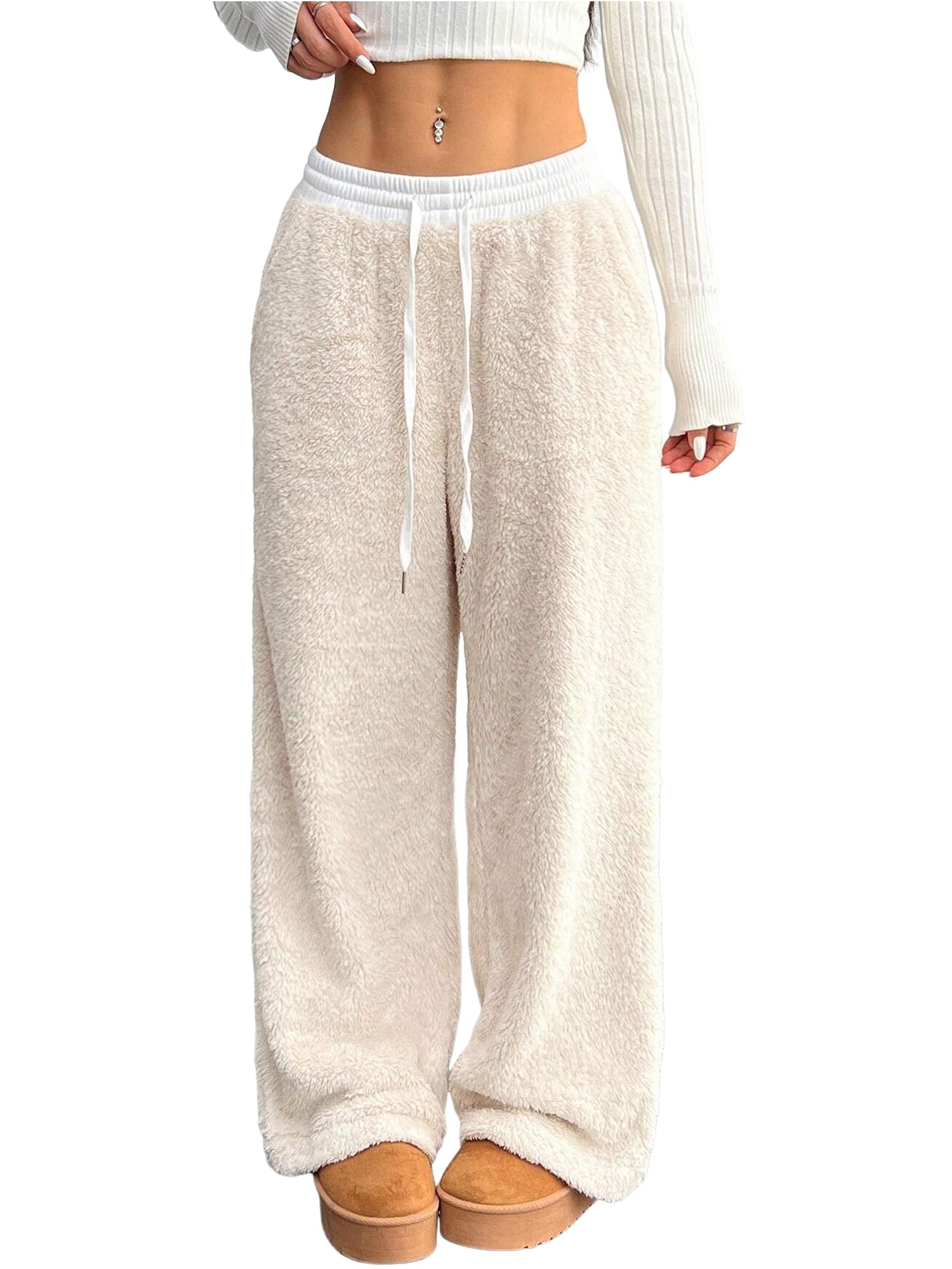ZAFUL Women's Fuzzy Plush Pajama Pants Wide Leg Pj Bottoms Lounge Pants
