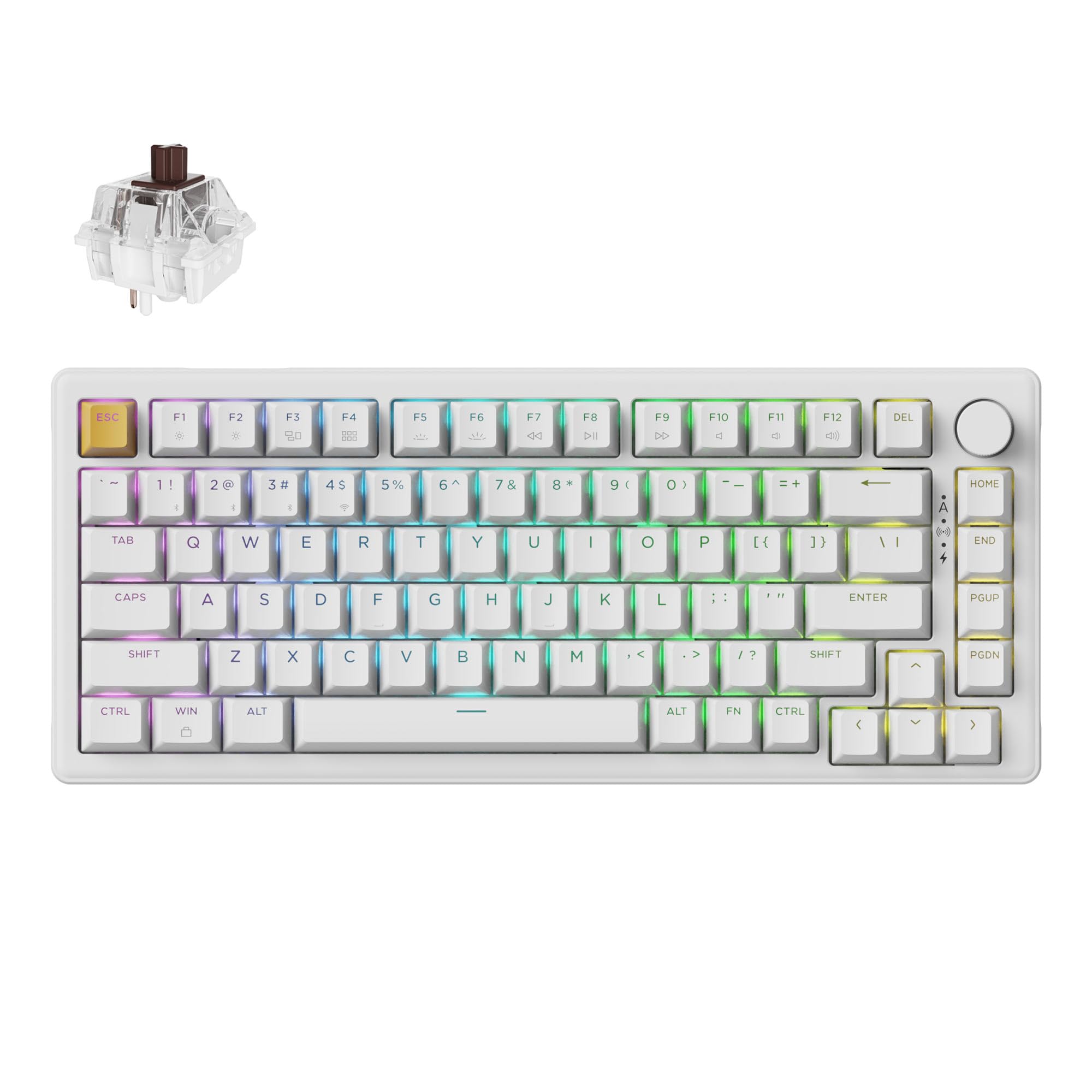 keychron j2 wireless mechanical keyboard, 2.4 ghz bluetooth qmk 75% layout rgb with knob, hot-swappable brown switch compatible with mac windows linux for gaming office - white