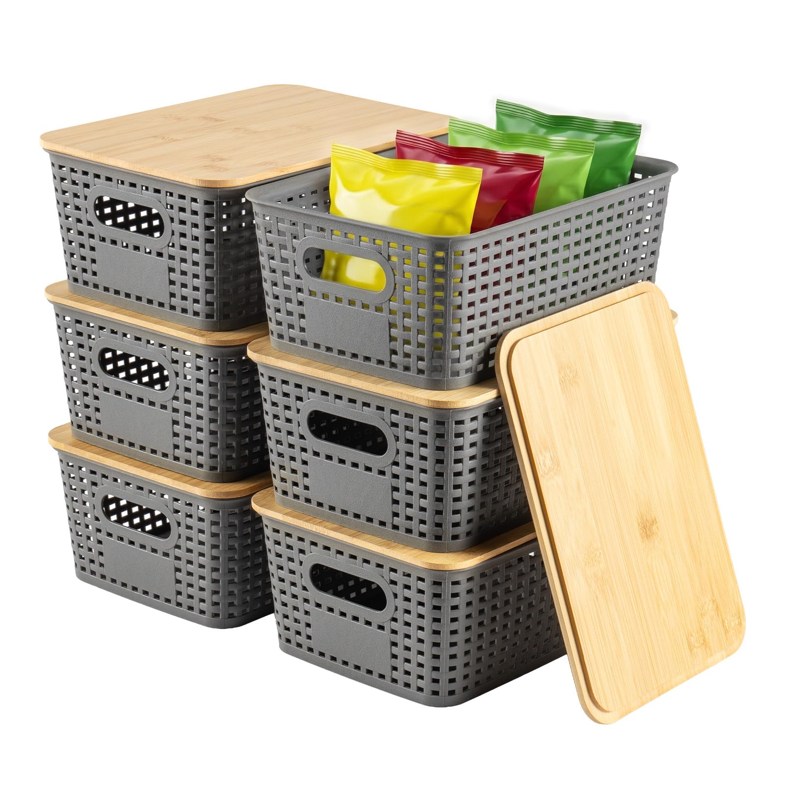 Sunnynest Grey 6 Pack Storage Boxes With Lids, Stackable Plastic Storage Baskets With Bamboo Lid, Kitchen Storage & Organisation Bins For Pantry, Shelves, Drawers, Closet & Office (Grey)