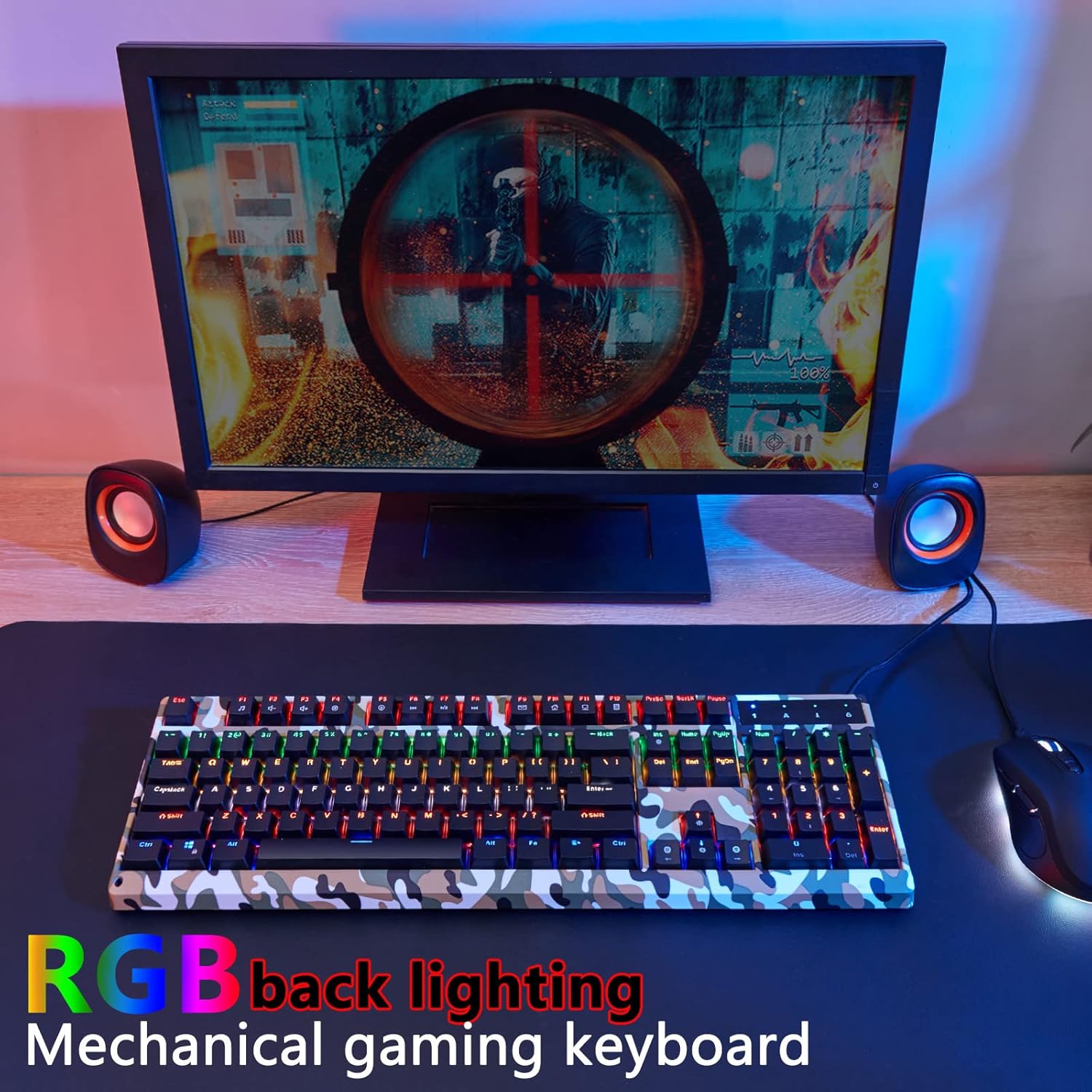 JIDOHUN KB-120 RGB Mechanical Gaming Keyboard, Programmable RGB Backlit, Blue Switches - Clicky, Wired 104 Keys Hot Swappable for Mac, PC, Camouflage