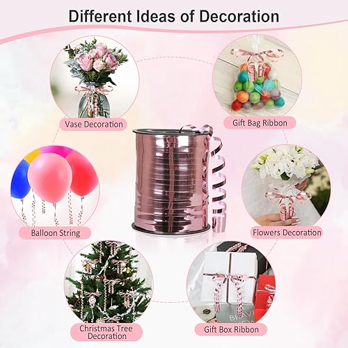 Miniatura 3 de Cinta rizadora de oro rosa, cinta de oro rosa de 500 yardas, cinta rizada metálica brillante para envolver regalos, cuerda de globos, cinta de