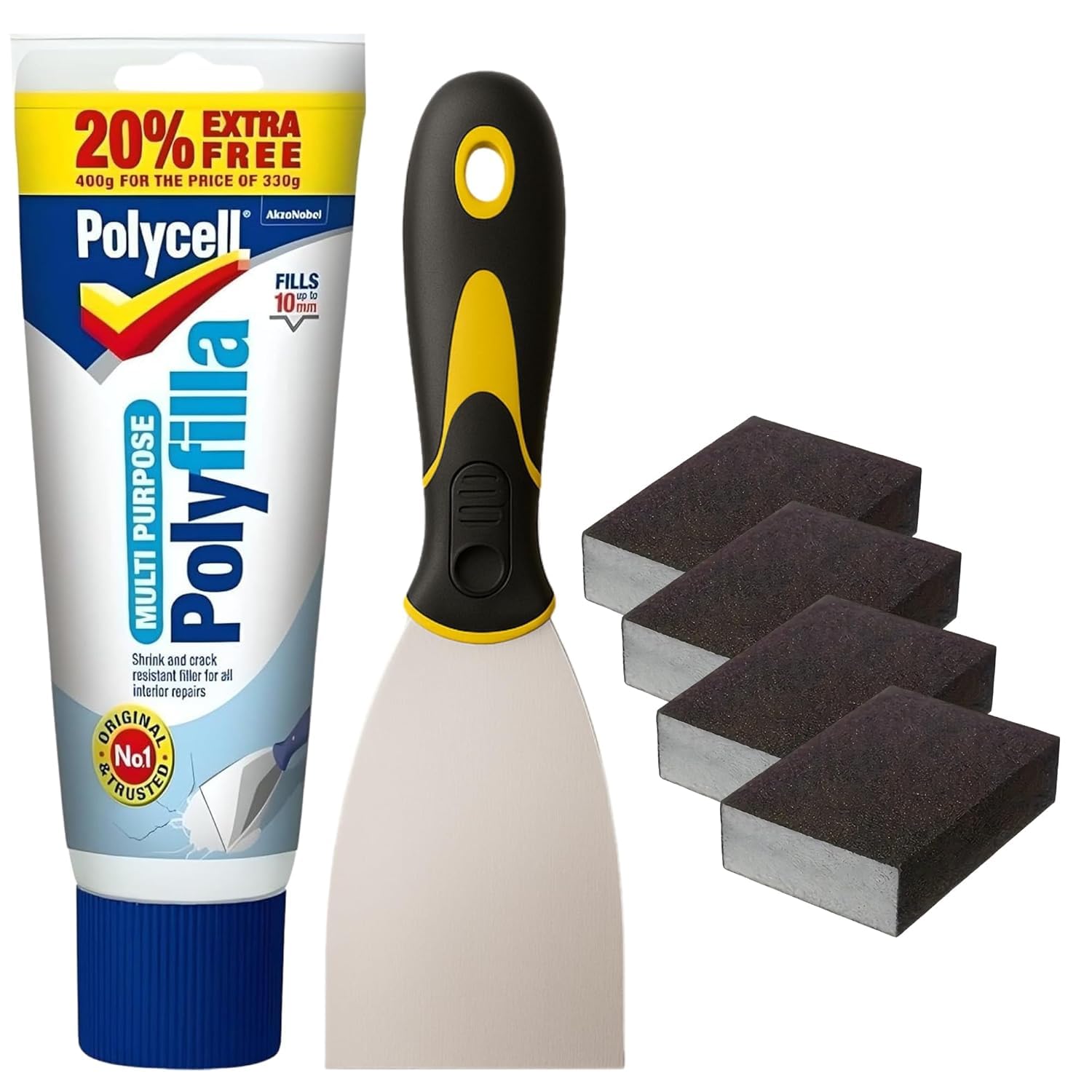 Zawan White Polycell Wall Filler Ready Mixed For Holes | Polyfilla Ready Mixed Wall Repair Paste Bundle With 3-Inch Paint Scraper & 4 Pieces Sanding Block Set | All Purpose Filler For Walls & Wood