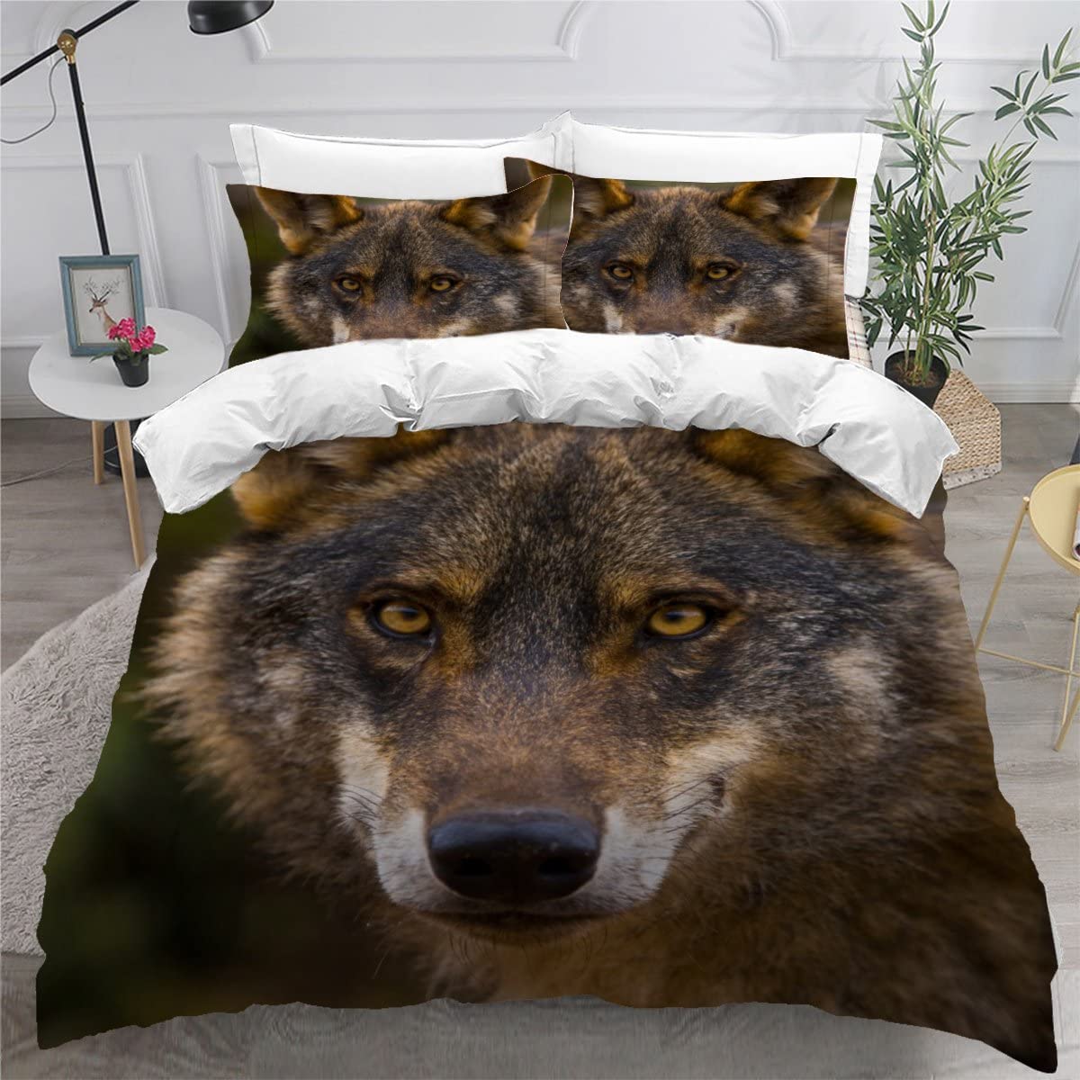 Housse de couette loup 240x260 cm anti-glissement en microfibre zippée avec 2 taies d'oreiller