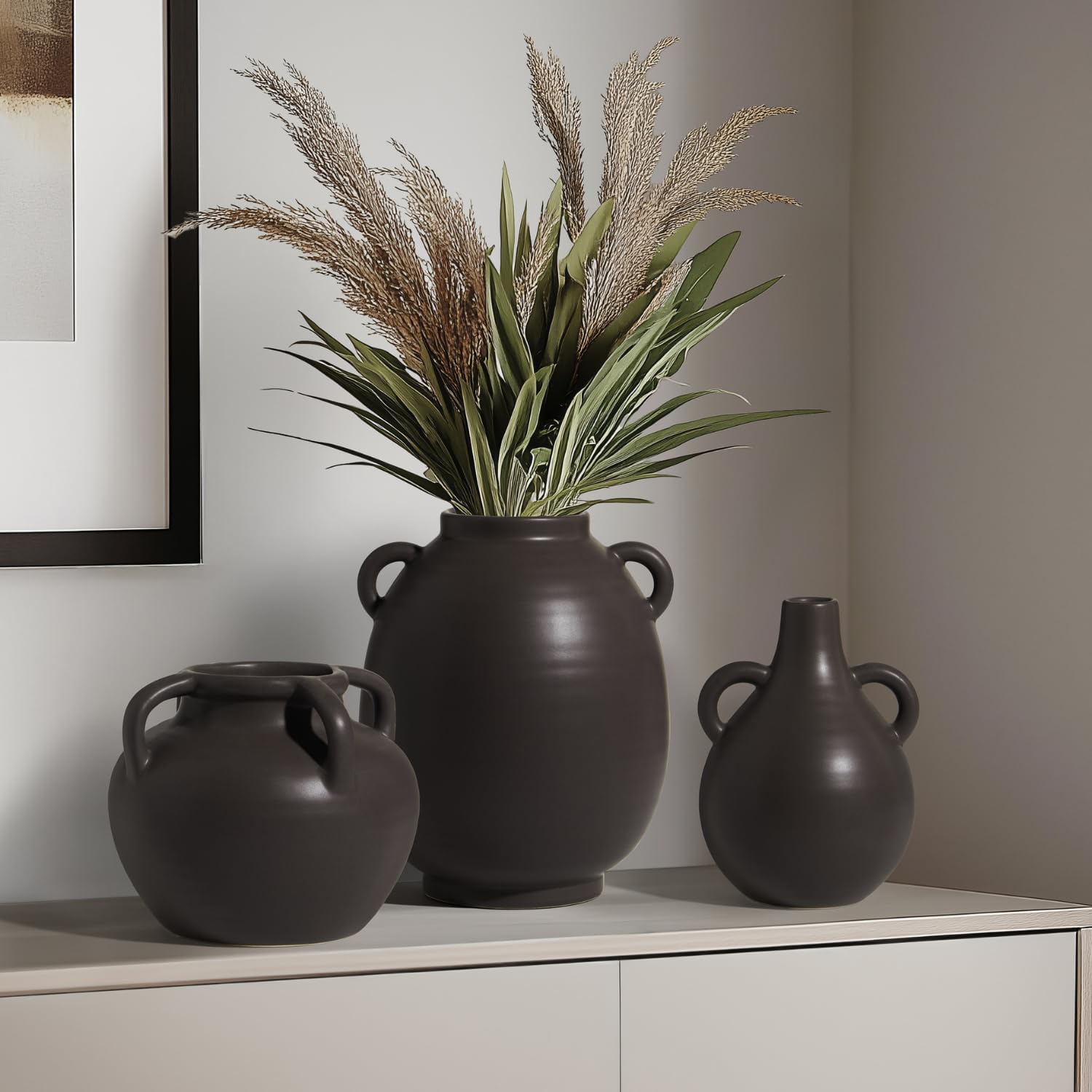 Torre & Tagus Brown Ceramic Vase with Handles - 7 Inch Boho Decor Decorative Vase for Home Decor, Decorative Pottery Flower Vase for Dining Table Decor, Wedding Decor (Capri Brown Vase for Flowers)