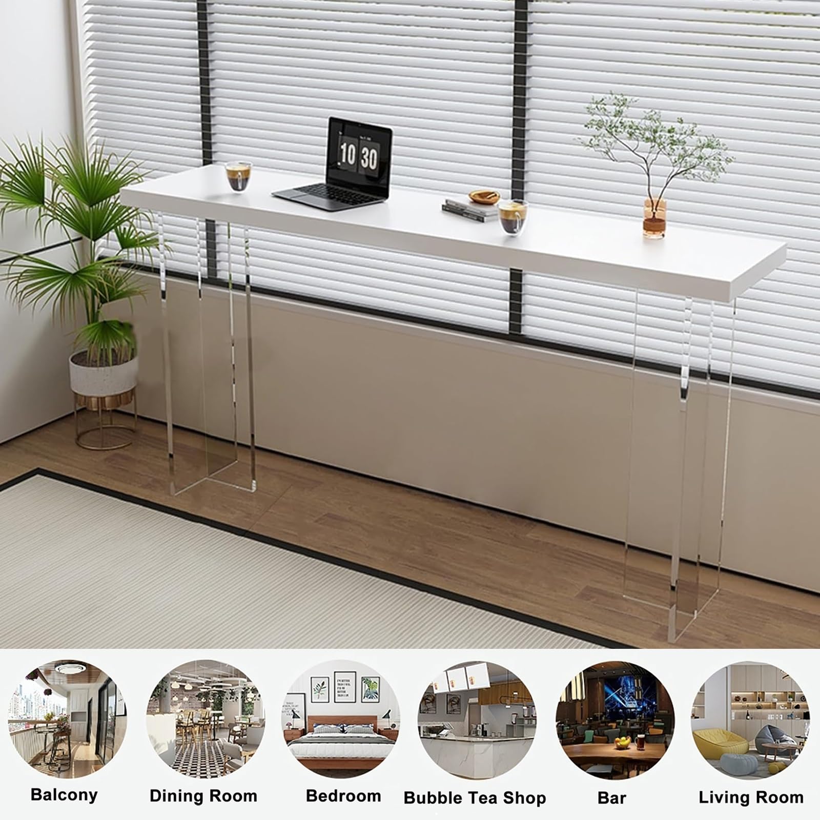 Tavolo da bar lungo industriale, in legno massello, 180 cm, con base in acrilico temperato, per bistrot, bar e casa, design stretto, finitura bianca