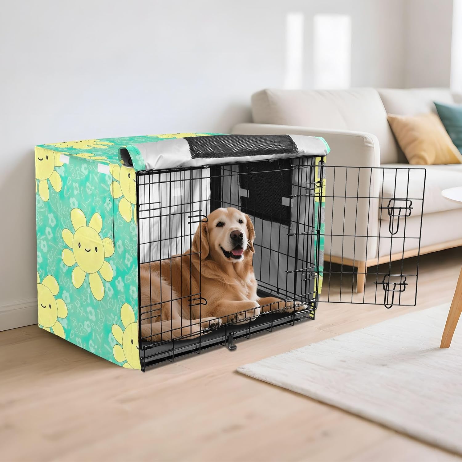 Kawaii Chibi Daisies Dog Crate Cover Windproof, S-XL UV-Resistant Crate Cover for Pet Owners, X-Large