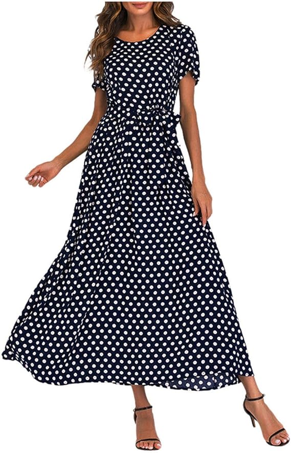 Amazon Co Jp Lisusut リゾートワンピース レディース 夏 サマードレス ロング マキシ丈 半袖 Aライン ドット ワンピース レディース ロング ラウンドネック リボン フリル 着痩せ ハイウエスト おしゃれ ドレス 通勤 デート ビーチ 春夏秋 シューズ バッグ