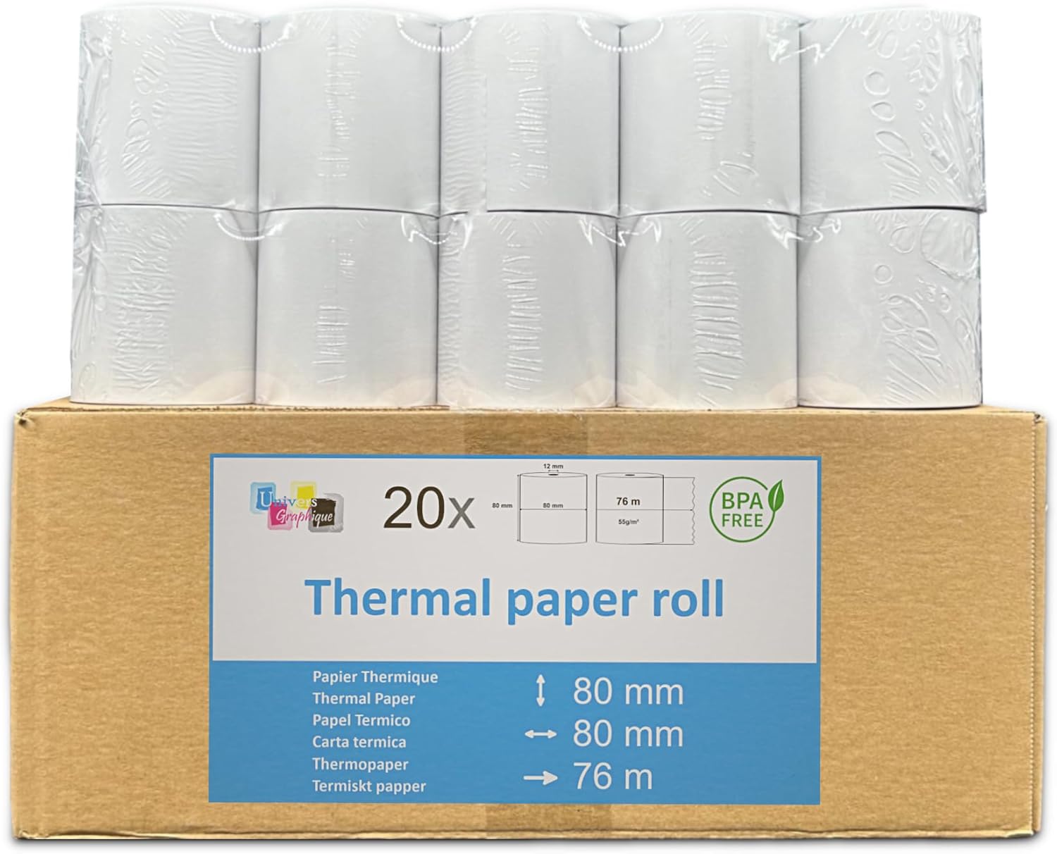 Refill of 20 Rolls Thermal Paper for Cash Register Standard Cash Register Roll 80 x 80 Mandrel 12 mm Thermal Paper 50 g for Cash Register Printer Thermal Balance