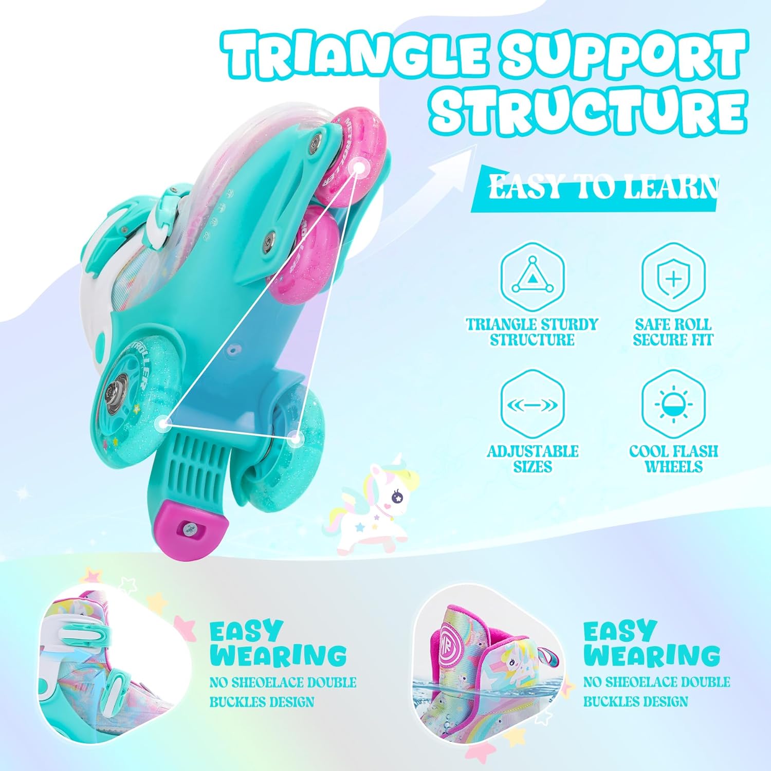 METROLLER Adjustable Kids Balance Roller Skates for Toddler Ages 3-6 Rainbow Unicorn Dinosaurs Illuminating Rollerskates for Girls Boys Ages 5-8 Three-Point Type Suitable for Beginners - Image 7