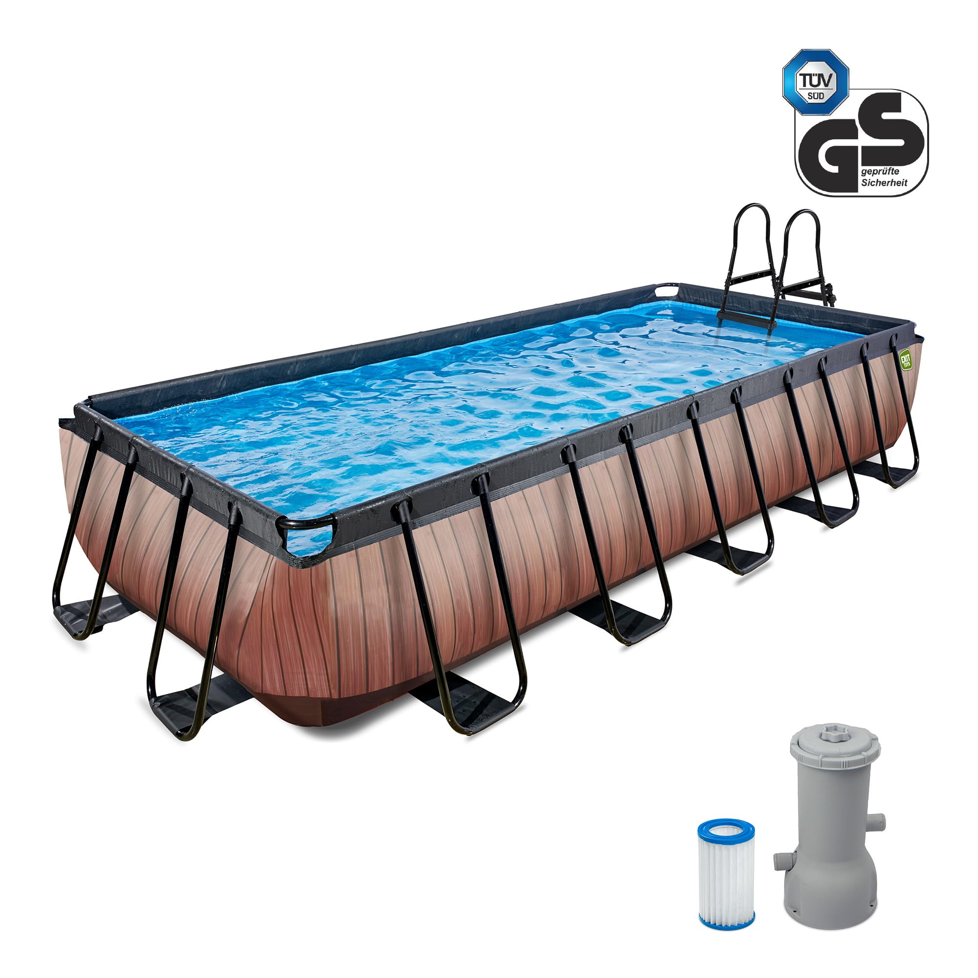 EXIT Toys Piscine Hors Sol Tubulaire Rectangulaire 540 x 250 x 100 cm avec Pompe Filtrante – pour Familles et Enfants – Cadre en Acier – TÜV CE en 16582 – Wood – Marron
