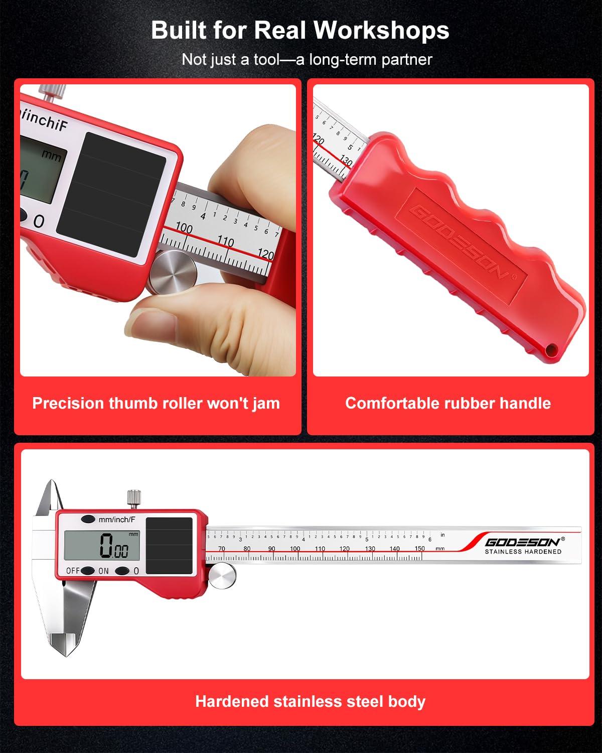 GODESON Calibrador digital alimentado por energía solar, calibradores digitales de 6 pulgadas con precisión de 0.000 pulgadas, acero inoxidable, 3 unidades/mm/fracción, 5 modos incluyendo diferencial