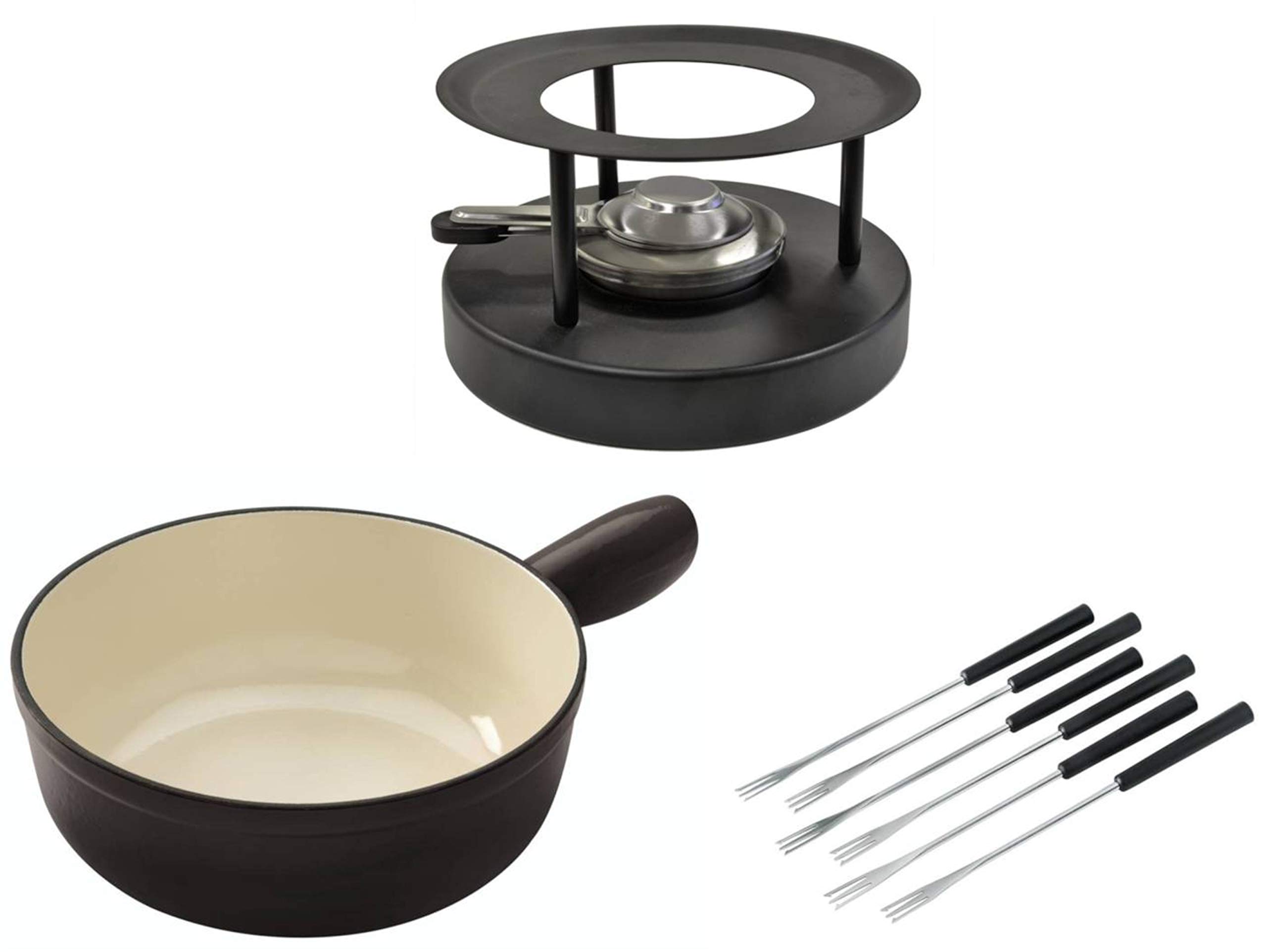 Käsefondue Set Caquelon Induktion Guss Ø 24 cm schwarz, 6 Gabeln, Rechaud Black