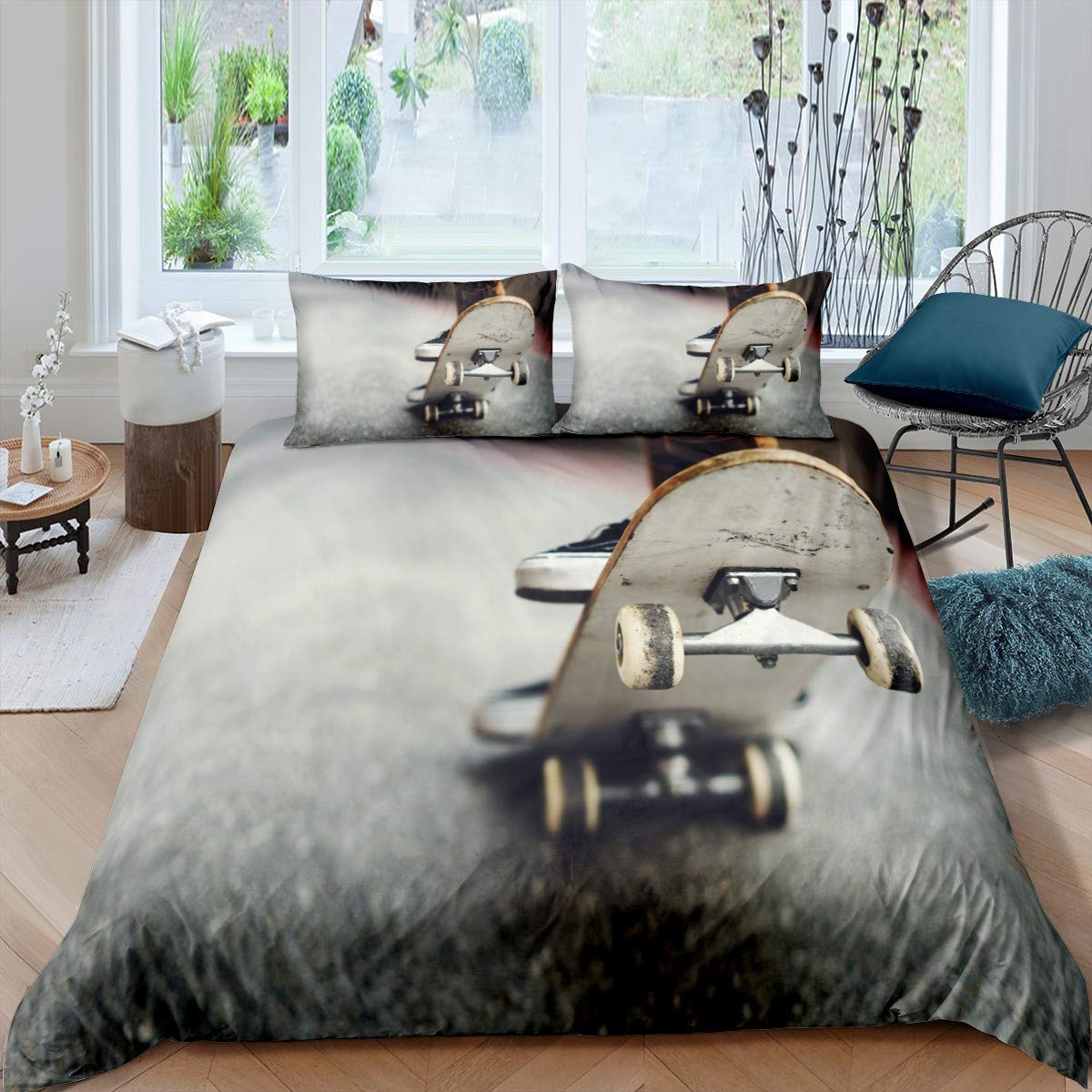 Loussiesd Boys Multicoloured 18 Skateboard Bedding Set Hipster Extreme Sports Duvet Cover For Kids Girls Teens Youth Sports Theme Comforter Cover Ultra Soft Microfiber Decor 3Pcs Quilt Cover Double Size